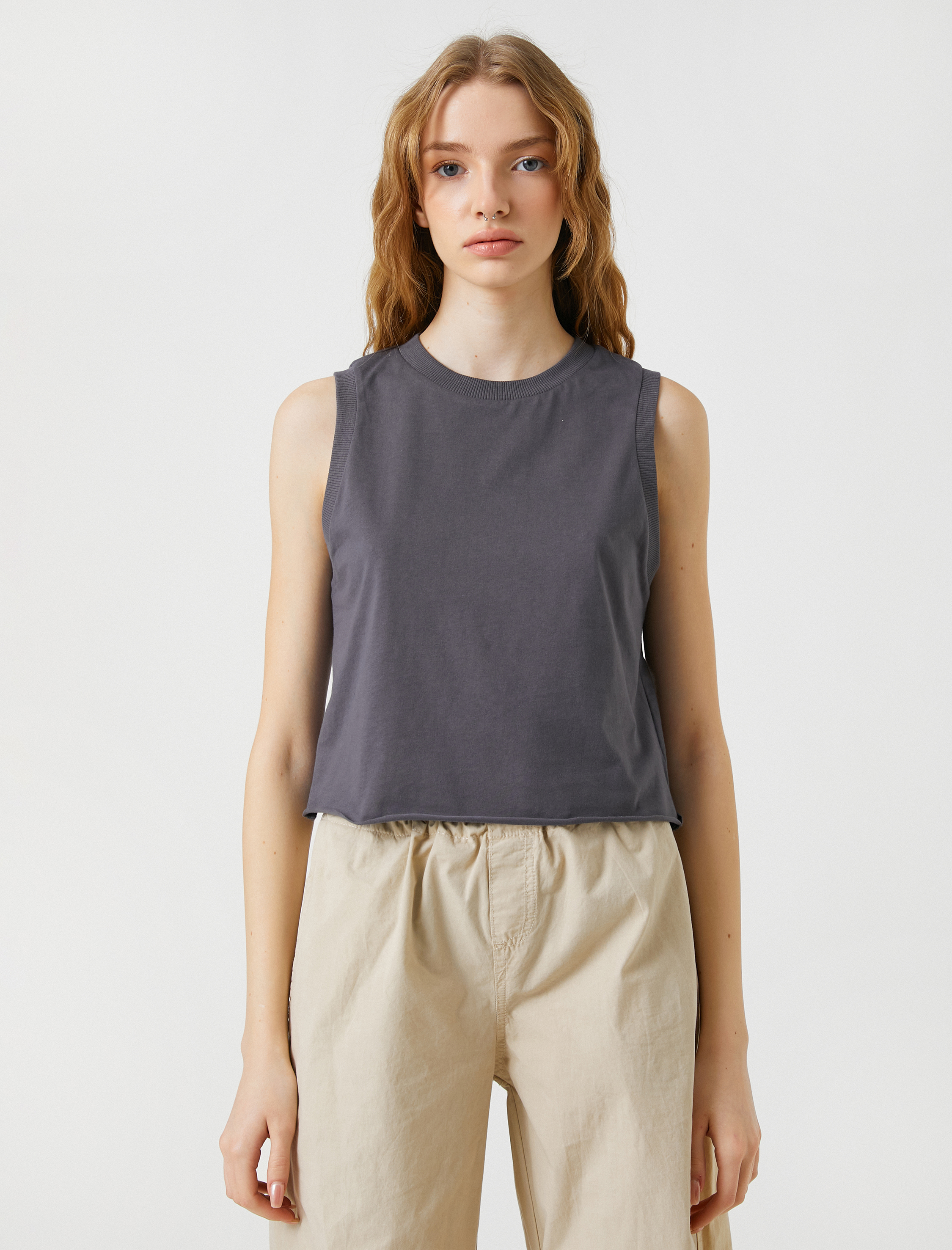   Crop Atlet Pamuklu Bisiklet Yaka Kolsuz