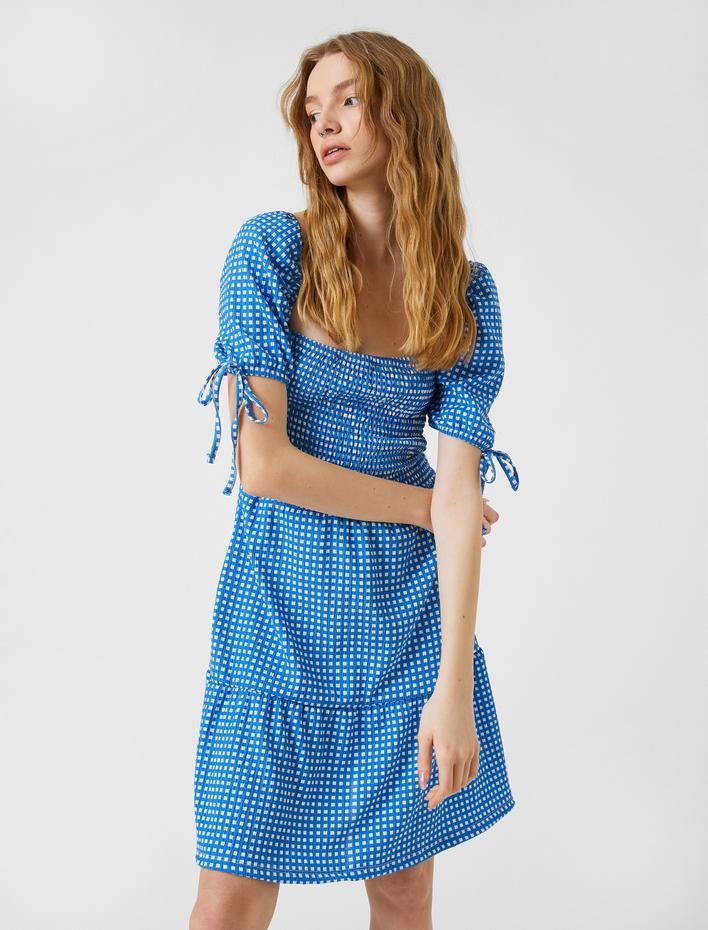  Mini Elbise Balon Kollu Kare Yaka Gipeli