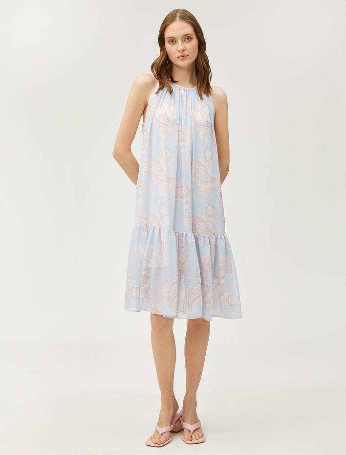  Çiçekli Midi Boy Elbise Halter Yaka