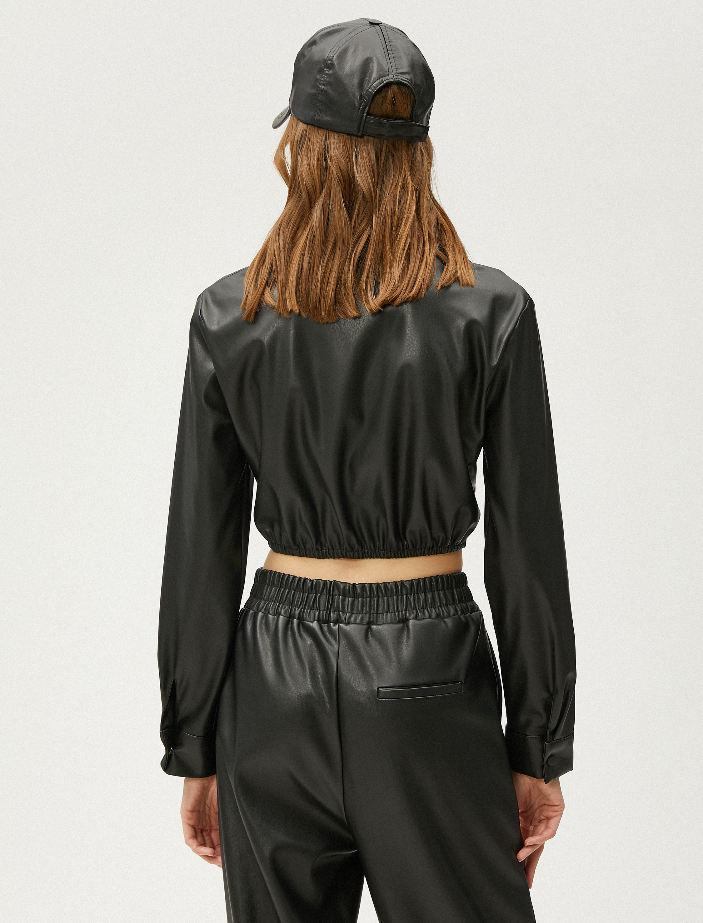   Crop Gömlek Suni Deri Korse Detaylı