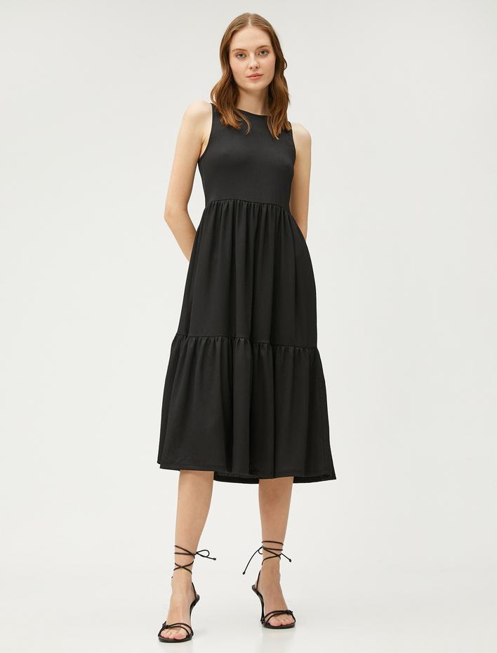  Katlı Midi Boy Elbise Kolsuz Yuvarlak Yaka