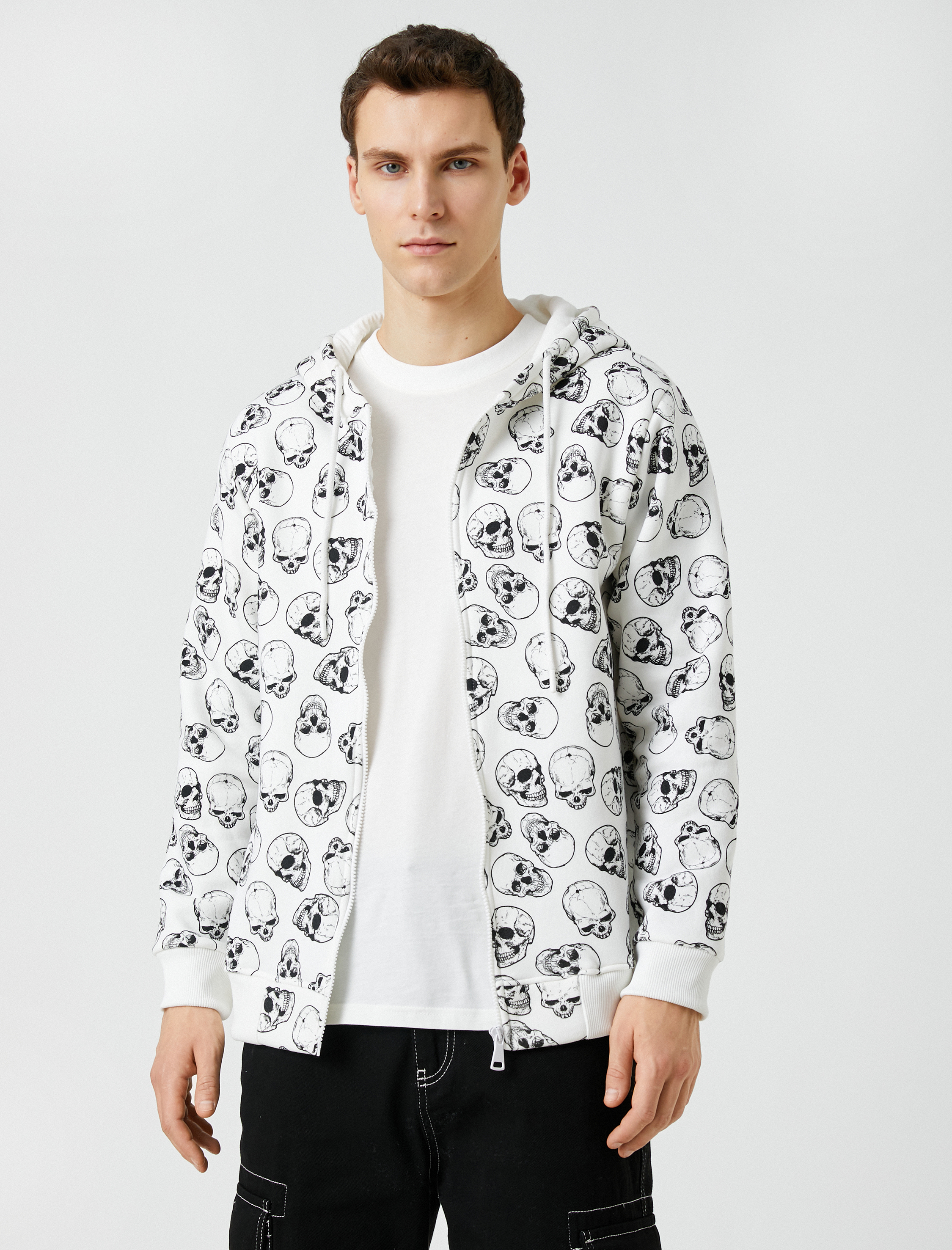   Kapşonlu Sweatshirt Fermuarlı Kuru Kafa Baskılı Cepli Şardonlu