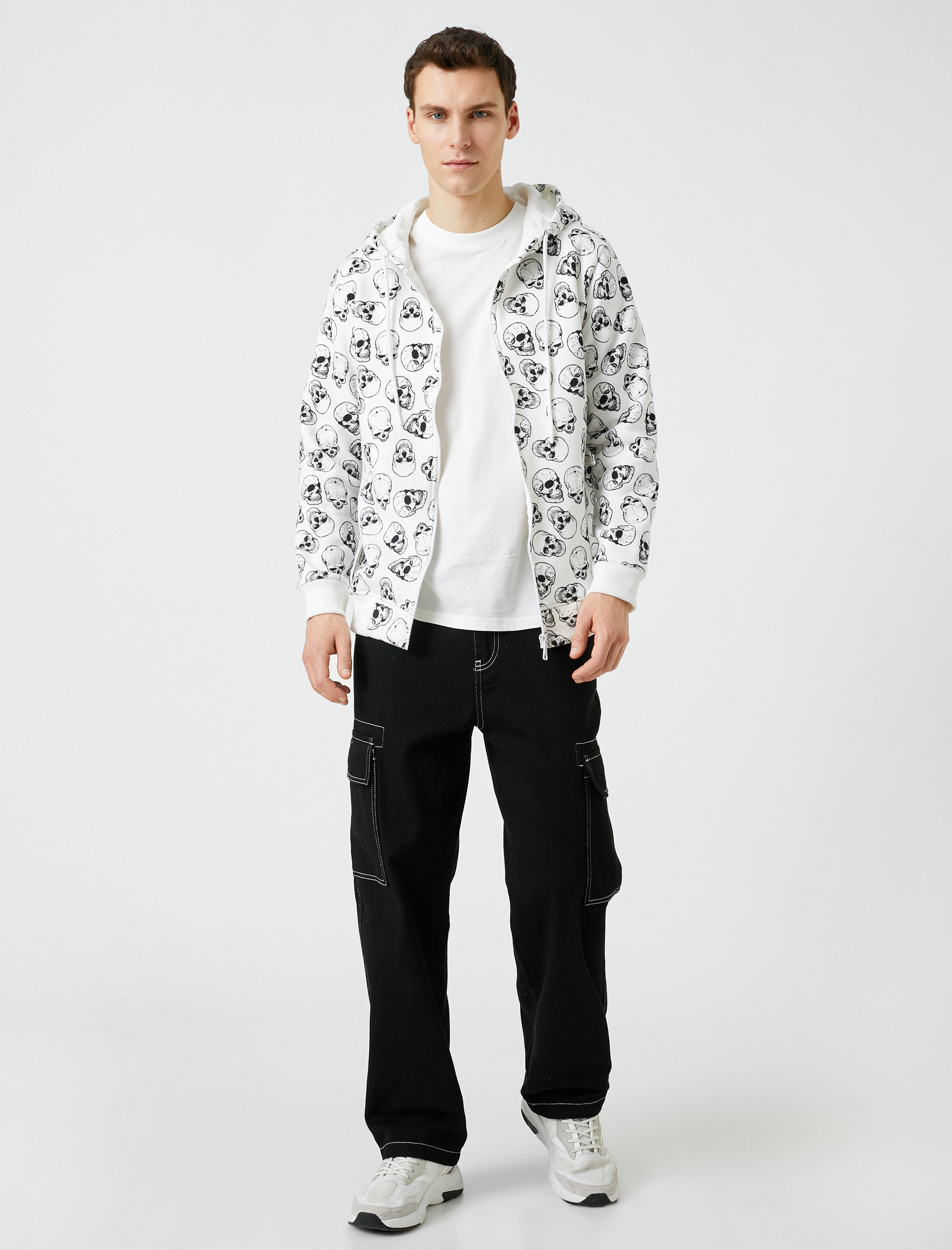   Kapşonlu Sweatshirt Fermuarlı Kuru Kafa Baskılı Cepli Şardonlu