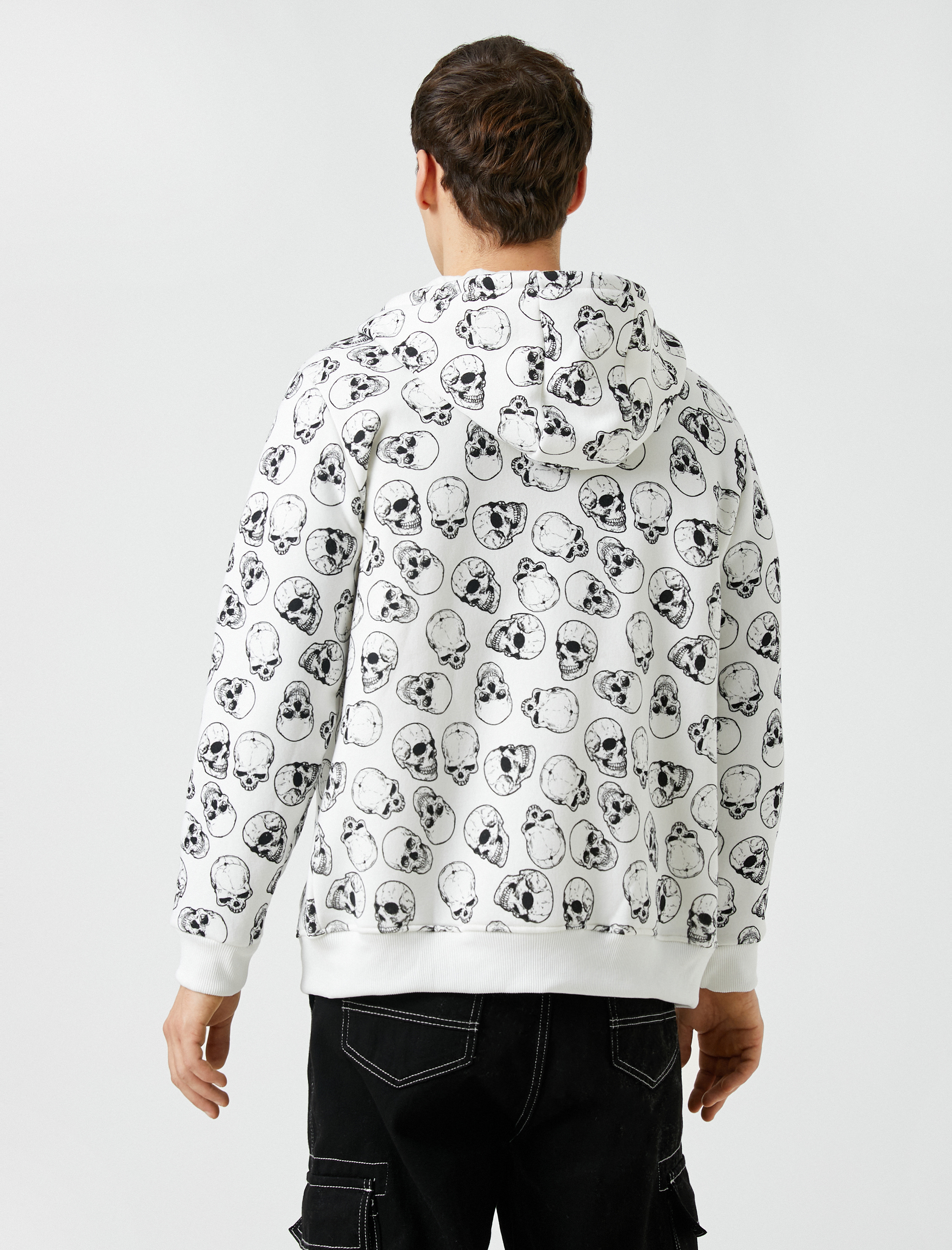   Kapşonlu Sweatshirt Fermuarlı Kuru Kafa Baskılı Cepli Şardonlu