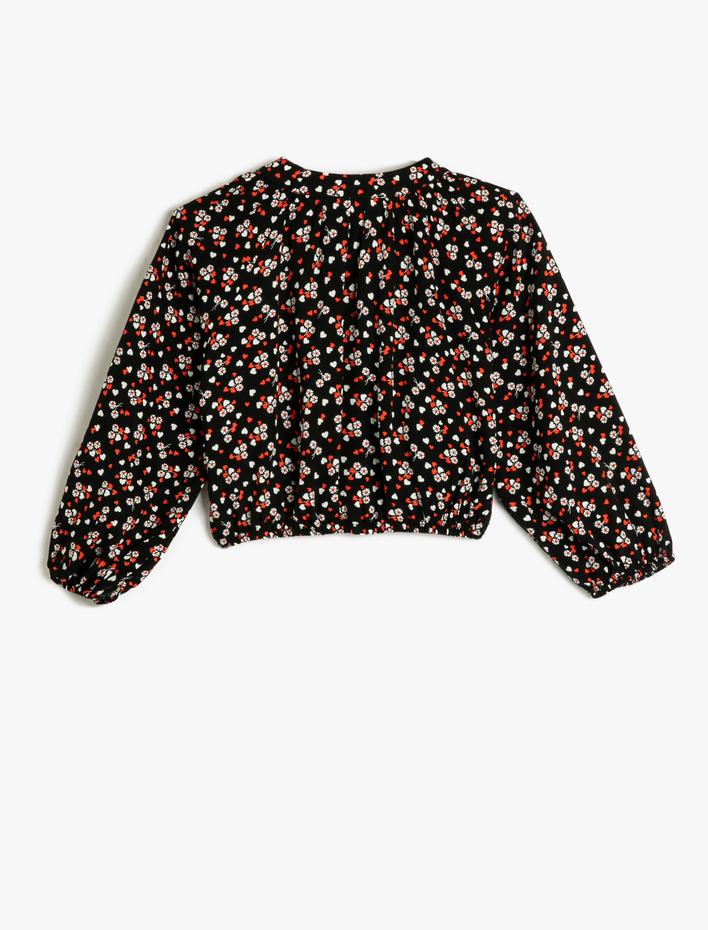 Kız Çocuk Bluz Çiçekli Yuvarlak Yaka Düğmeli Uzun Kollu Manşetleri Lastikli