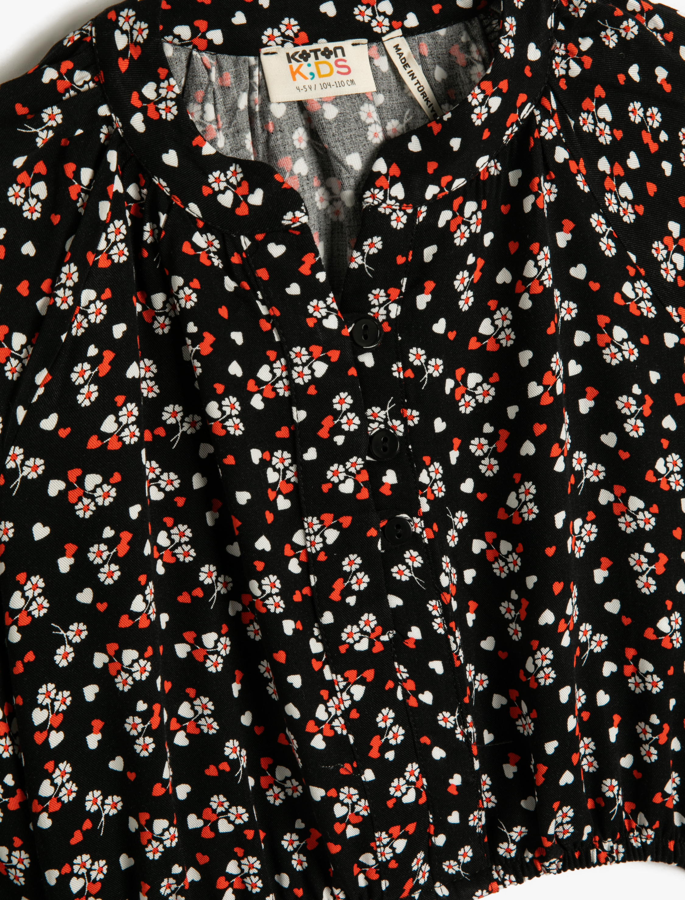  Kız Çocuk Bluz Çiçekli Yuvarlak Yaka Düğmeli Uzun Kollu Manşetleri Lastikli