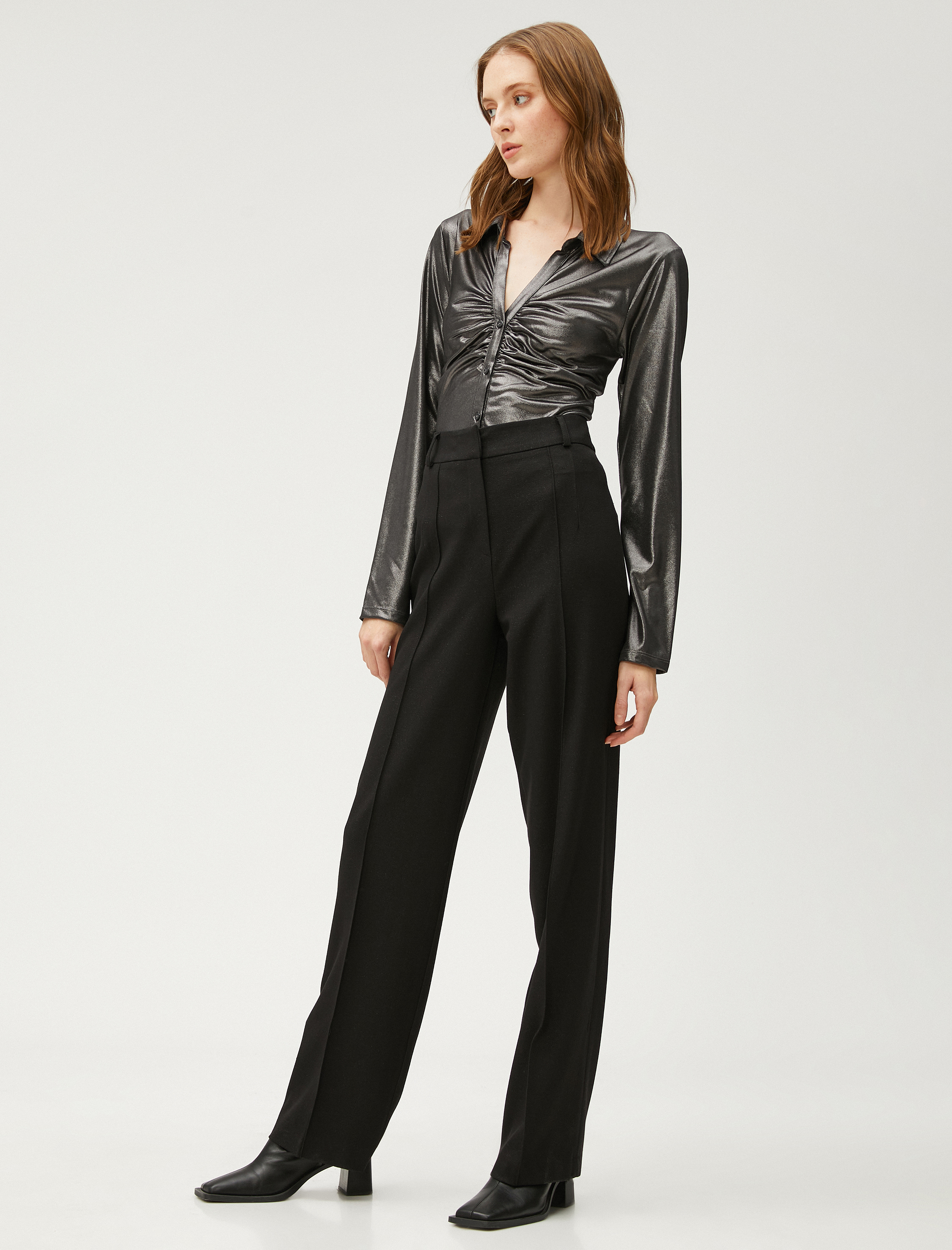   Simli Kumaş Pantolon Düz Paça Nervürlü