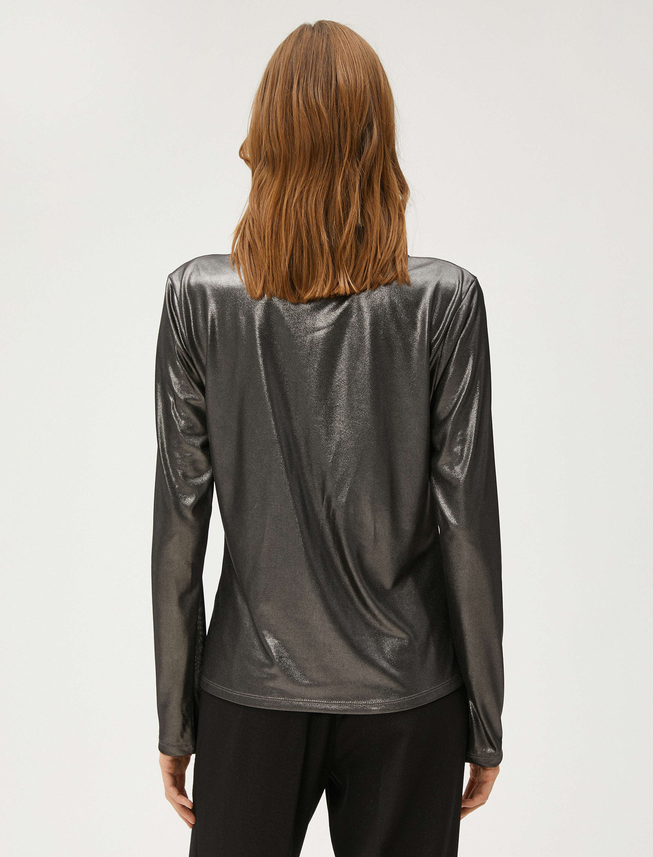   Simli Metalik Gömlek Drapeli Düğmeli Uzun Kollu