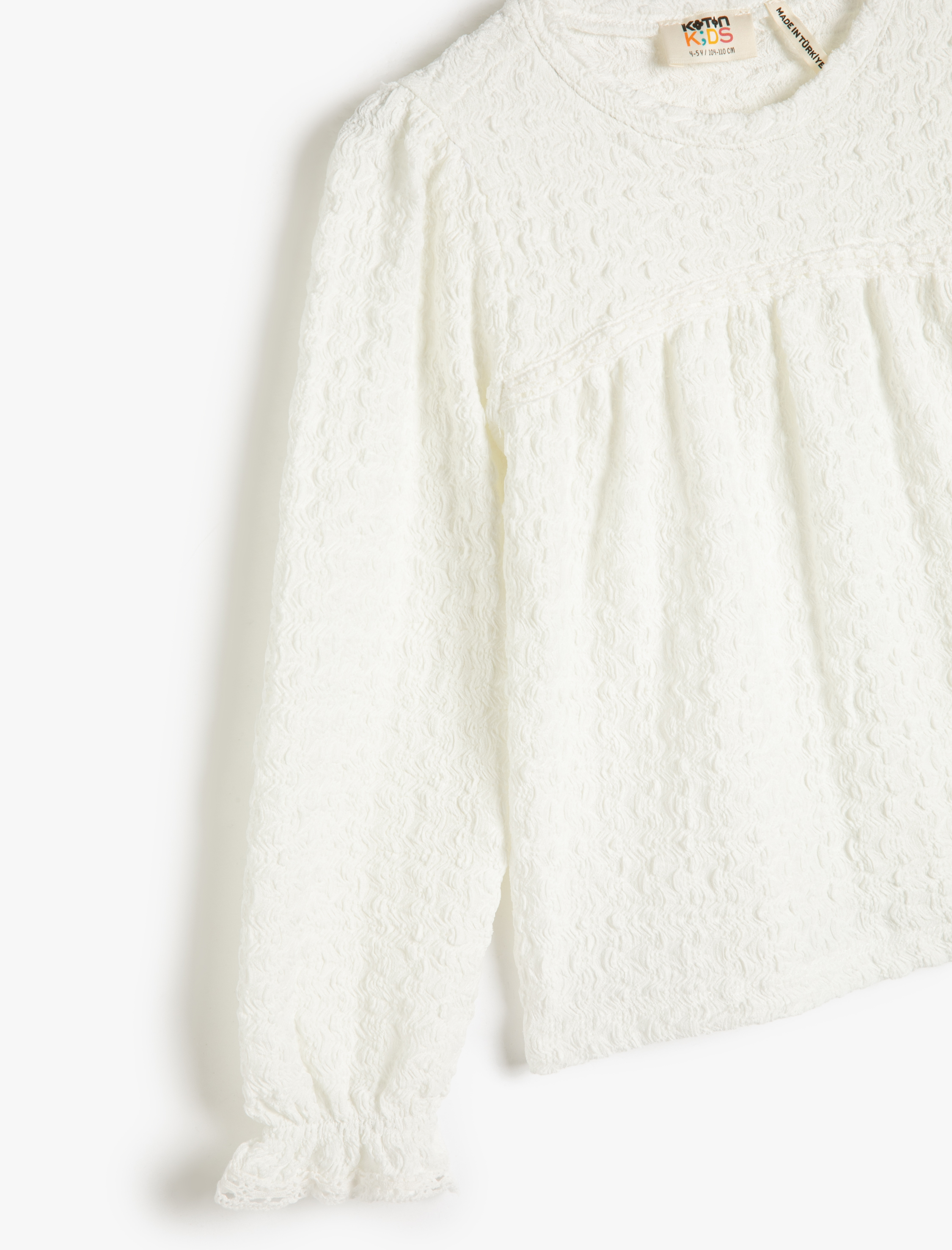  Kız Çocuk Tişört Uzun Kollu Manşetleri Lastikli Dokulu Yuvarlak Yaka