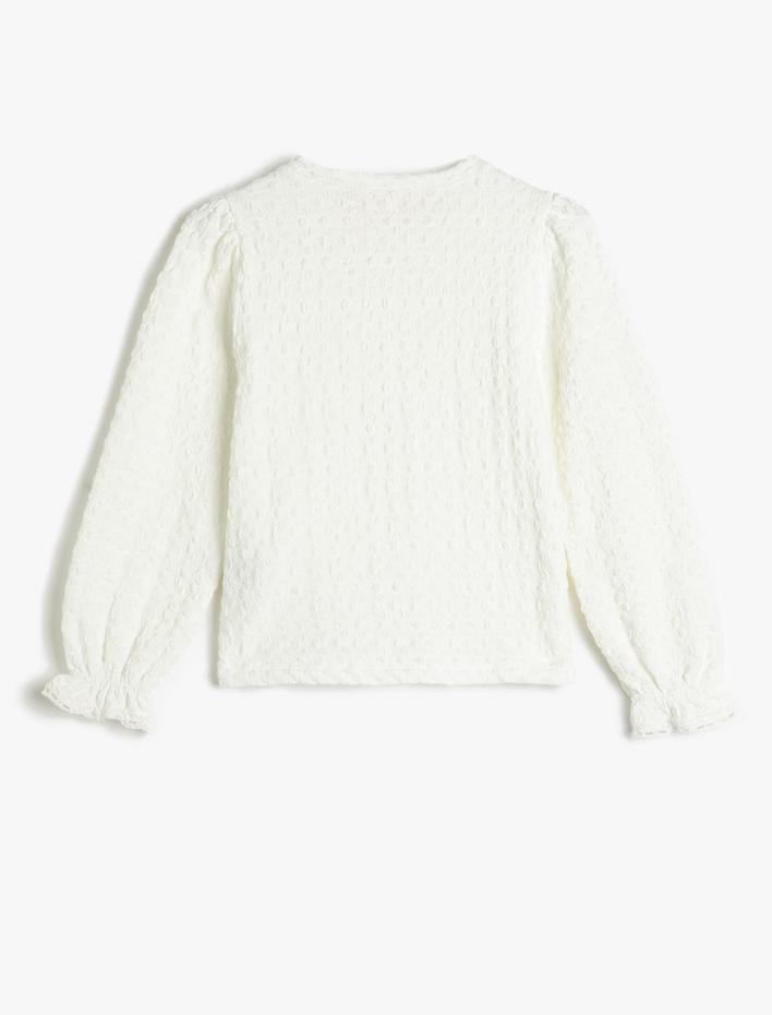 Kız Çocuk Tişört Uzun Kollu Manşetleri Lastikli Dokulu Yuvarlak Yaka