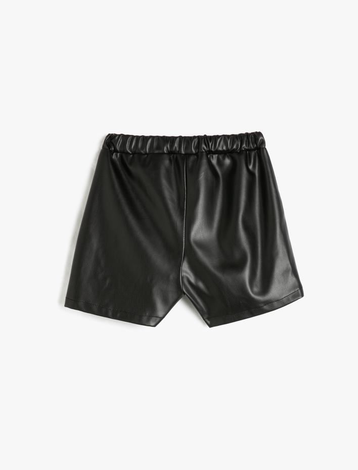 Kız Çocuk Şort Etek Deri Görünümlü Beli Lastikli Düğme Detaylı