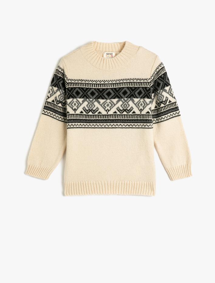 Erkek Çocuk Kazak Örgü Yuvarlak Yaka Uzun Kollu Etnik Desenli
