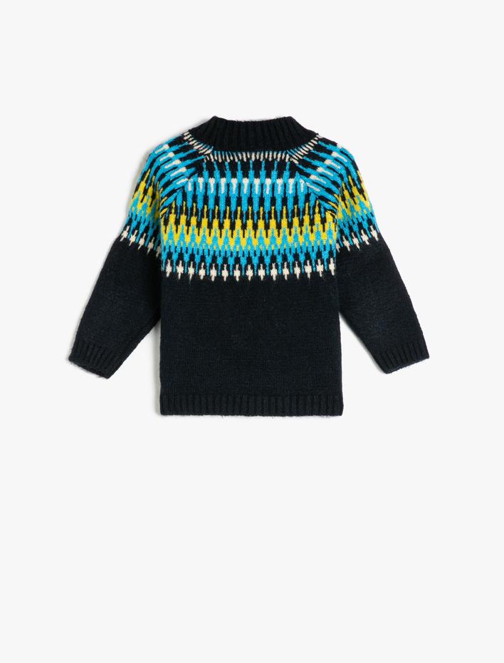 Erkek Bebek Kazak Örgü Dik Yaka Uzun Kollu Etnik Desenli