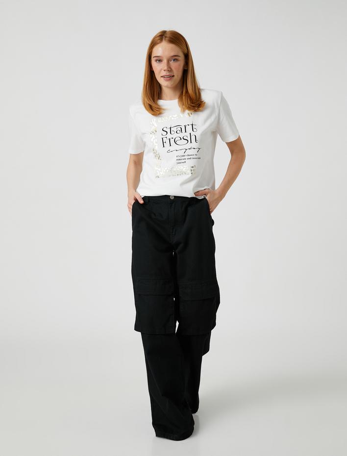  Parlak Yazı Baskılı Tişört Kısa Kollu Pamuklu