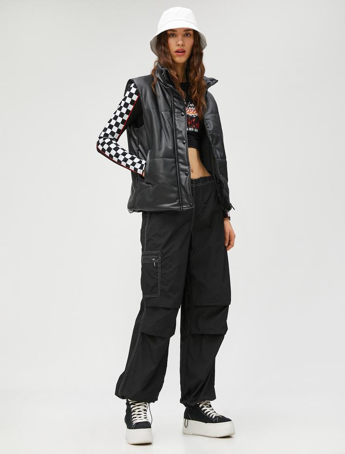  Şişme Yelek Deri Görünümlü Dik Yaka Çıtçıt Kapama