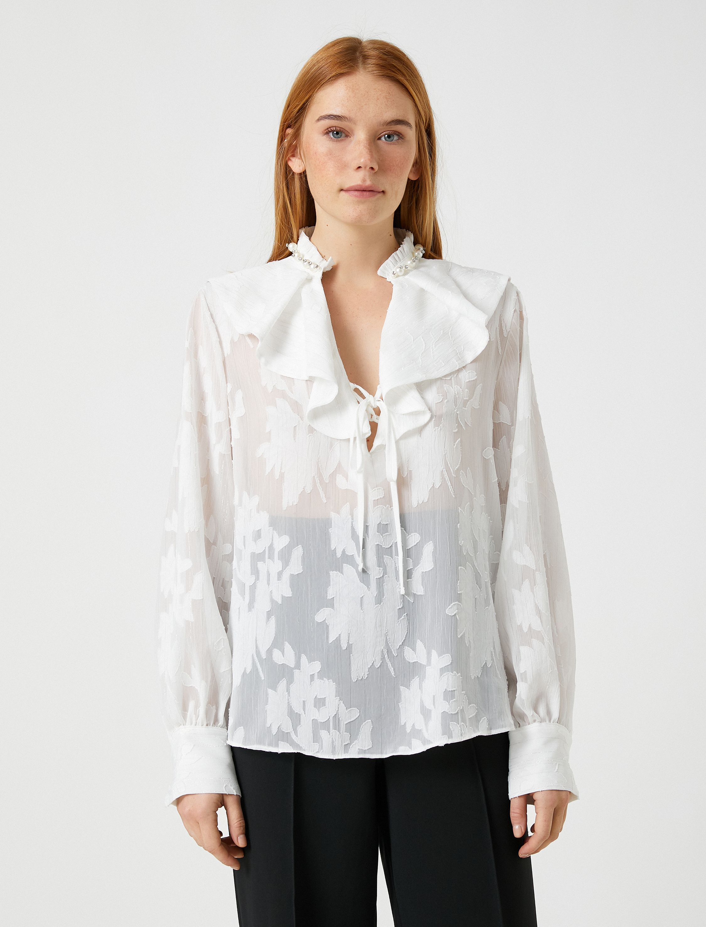   Melis Ağazat X Koton - İnci Detaylı Volanlı Transparan Bluz
