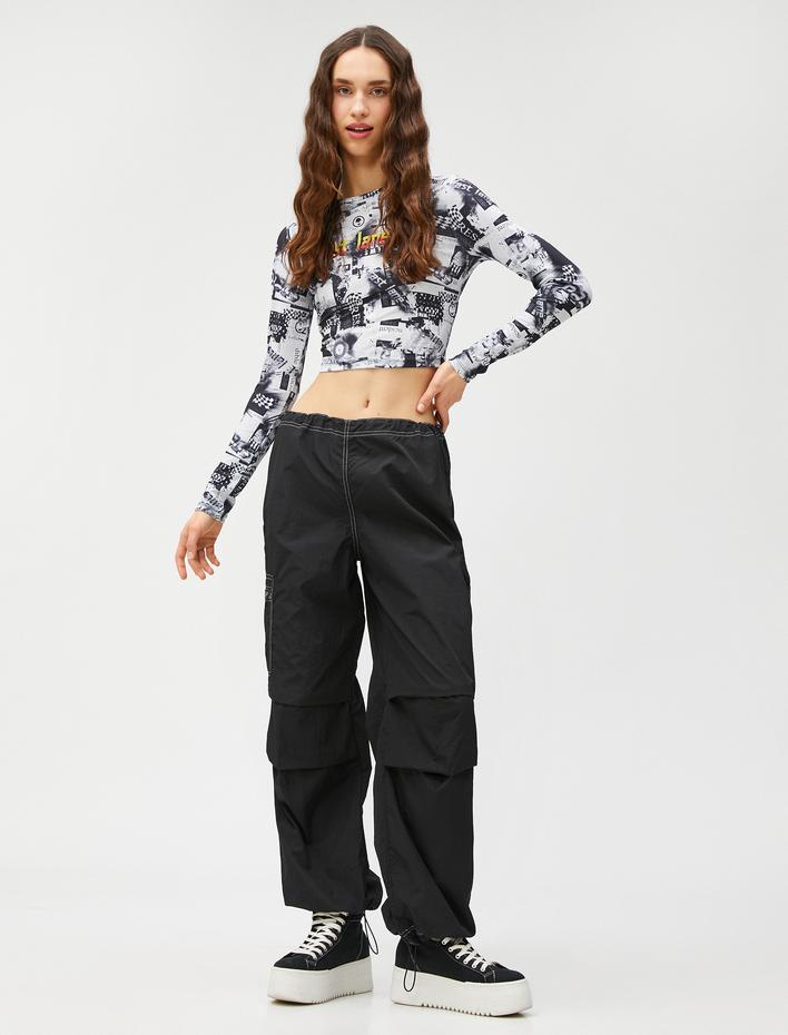  Crop Tişört Uzun Kollu Bisiklet Yaka Desenli