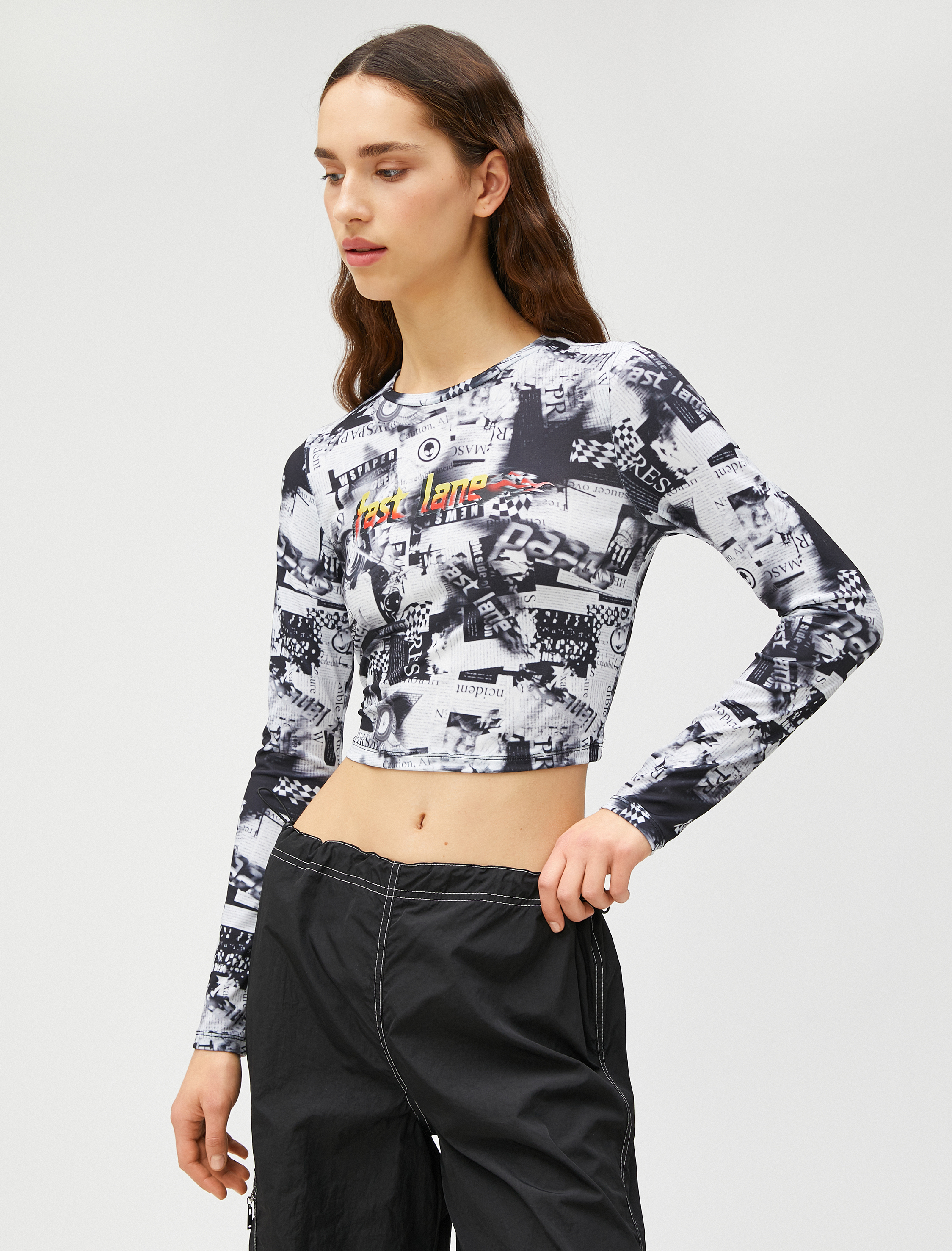   Crop Tişört Uzun Kollu Bisiklet Yaka Desenli