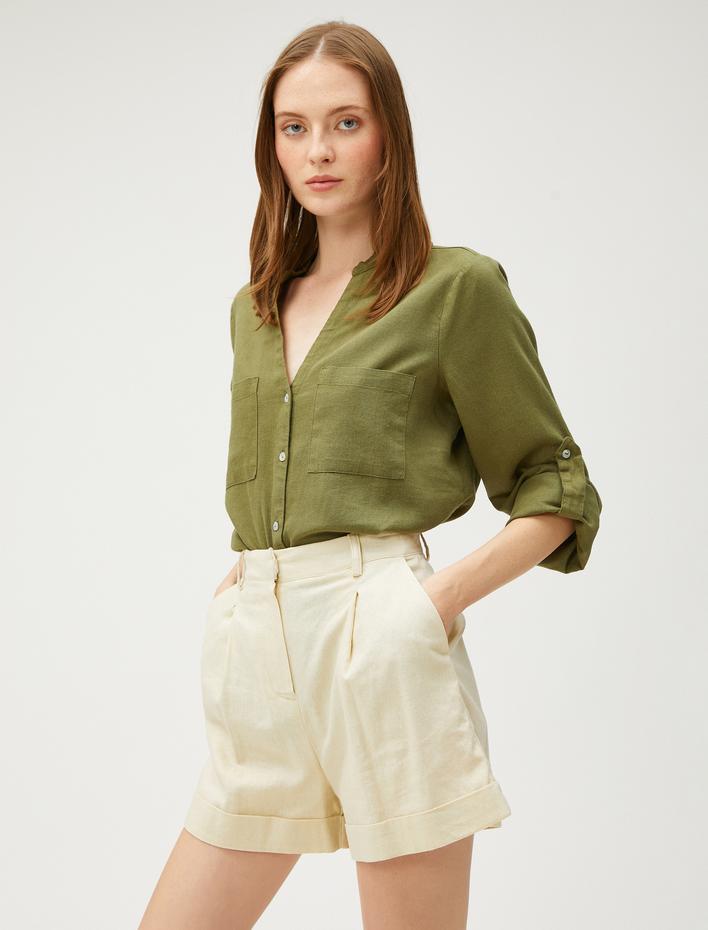  Keten Karışımlı Gömlek Kolları Katlama Detaylı