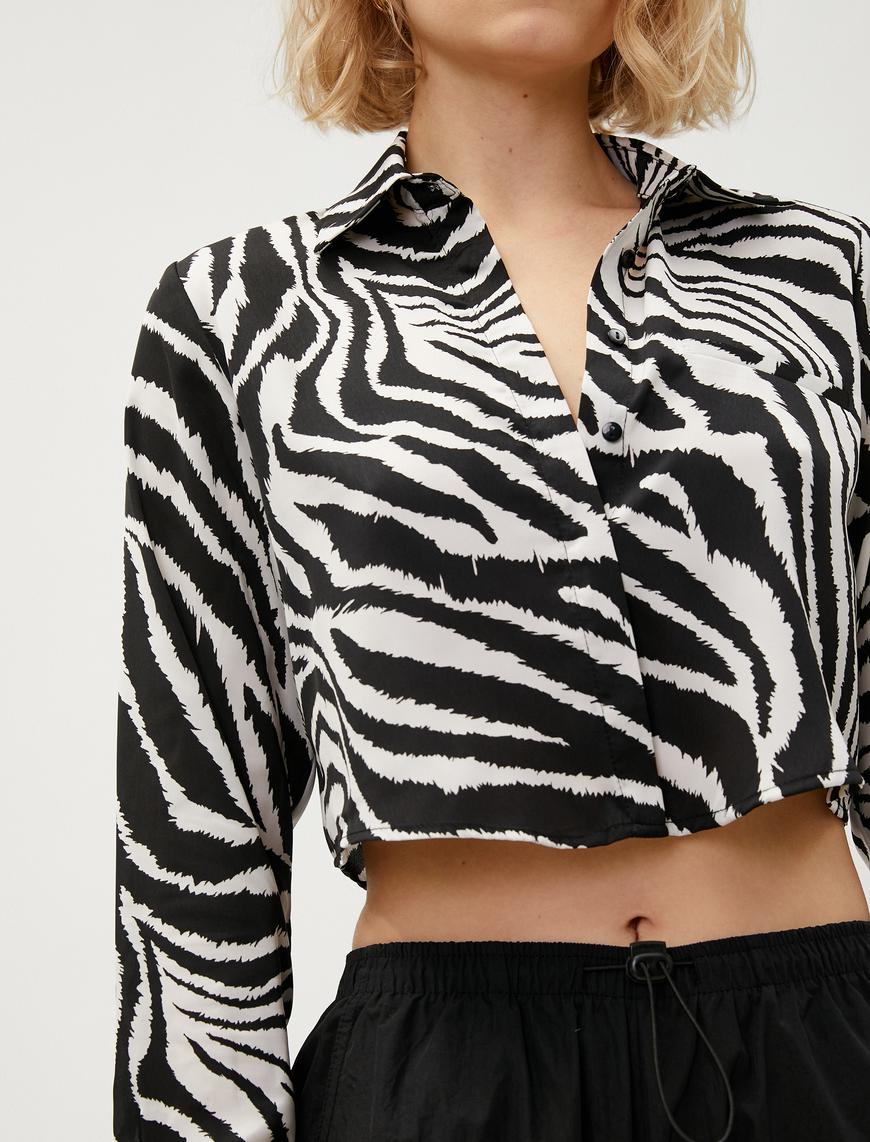   Zebra Desenli Saten Crop Gömlek Uzun Kollu