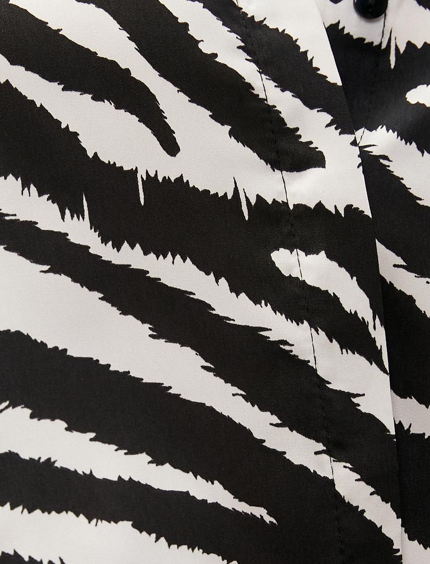   Zebra Desenli Saten Crop Gömlek Uzun Kollu