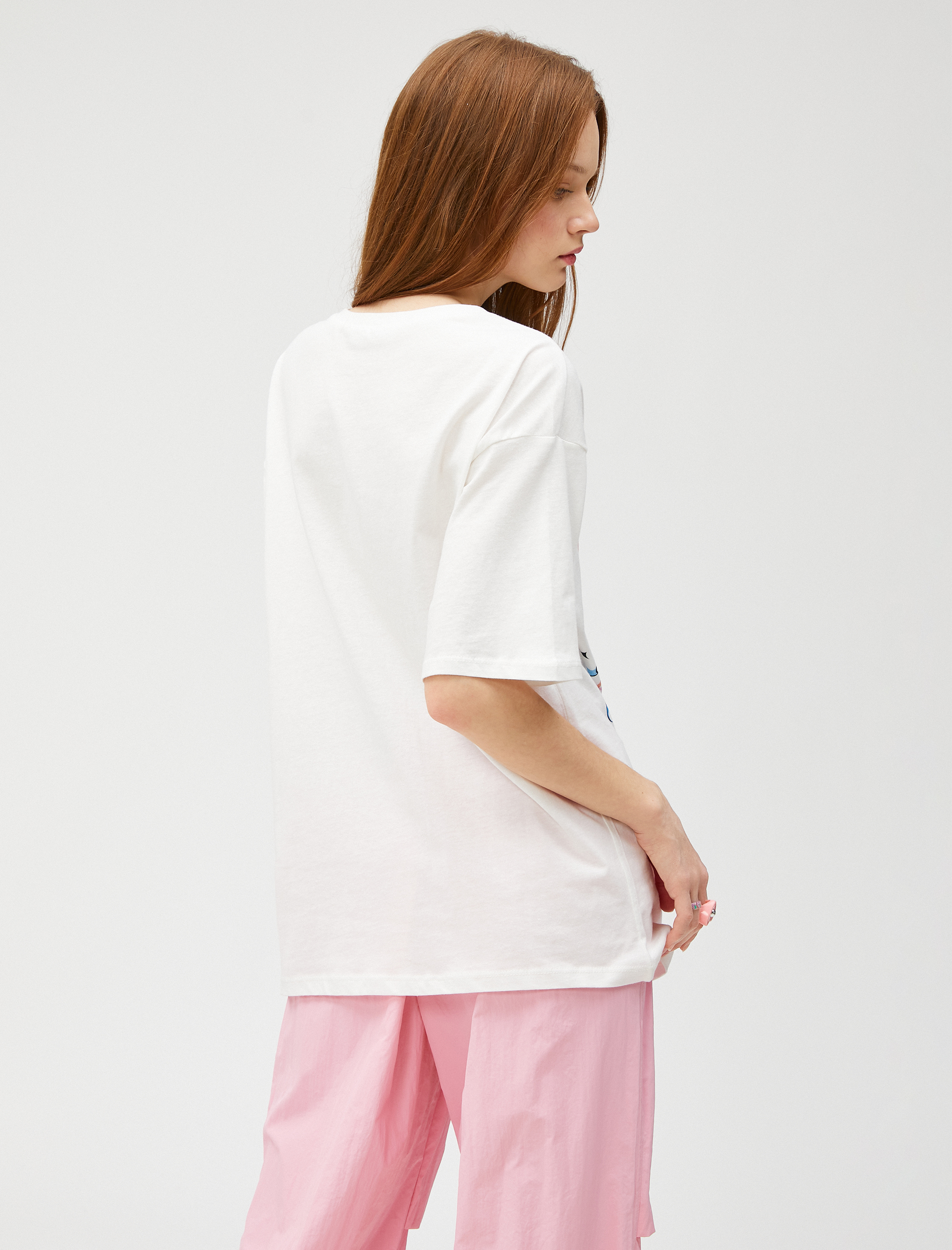   Baskılı Tişört Oversize Bisiklet Yaka Kısa Kollu Pamuklu