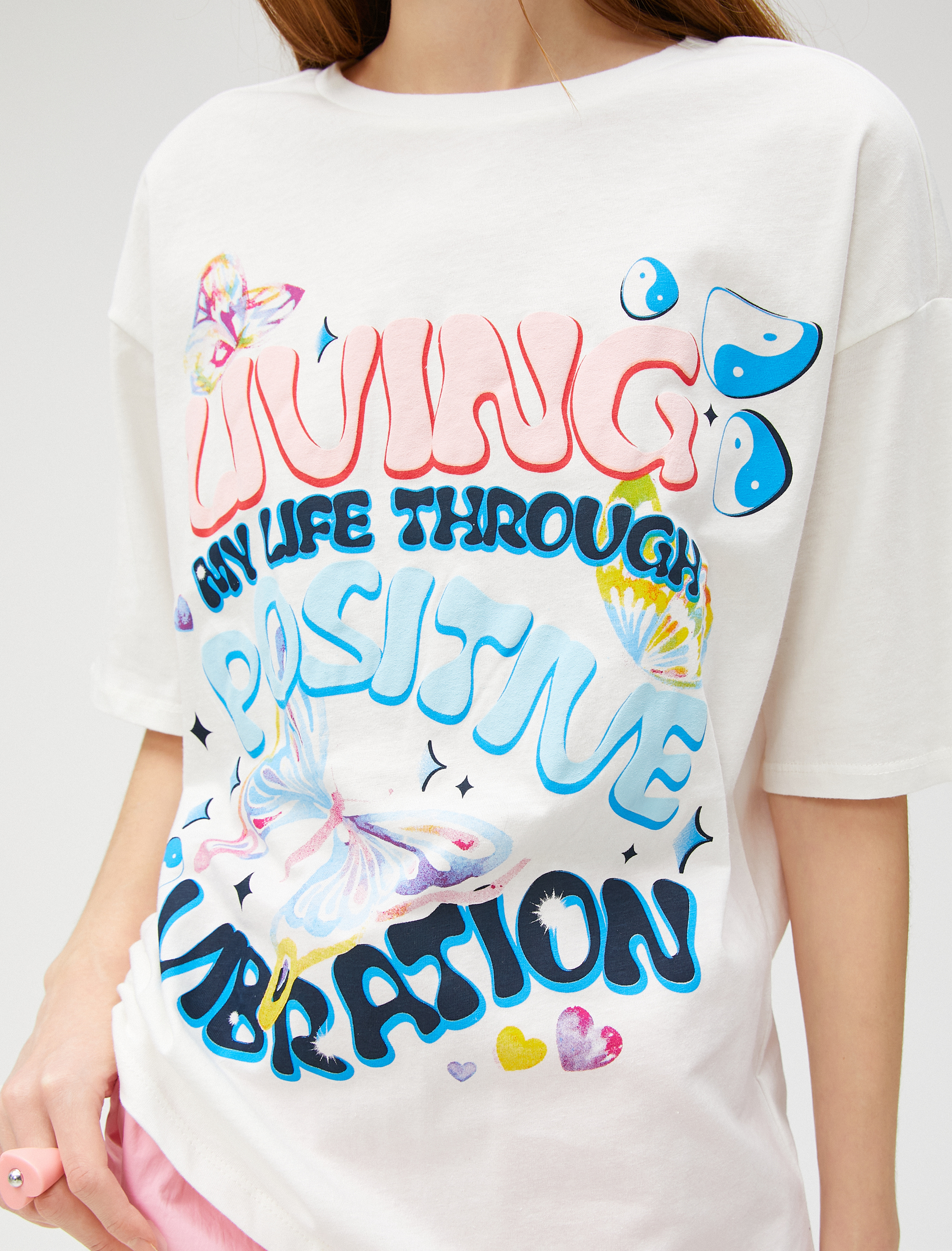   Baskılı Tişört Oversize Bisiklet Yaka Kısa Kollu Pamuklu