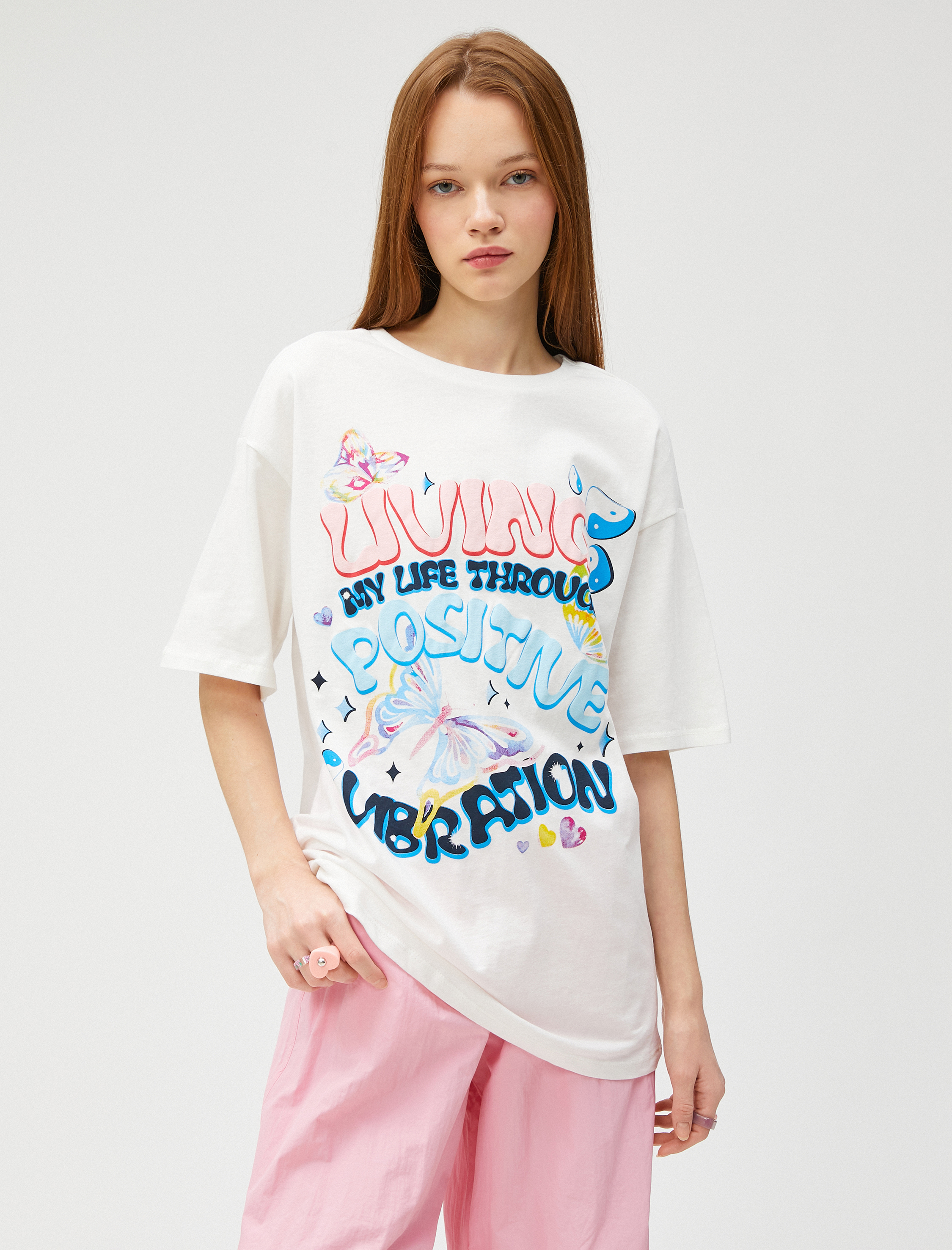   Baskılı Tişört Oversize Bisiklet Yaka Kısa Kollu Pamuklu