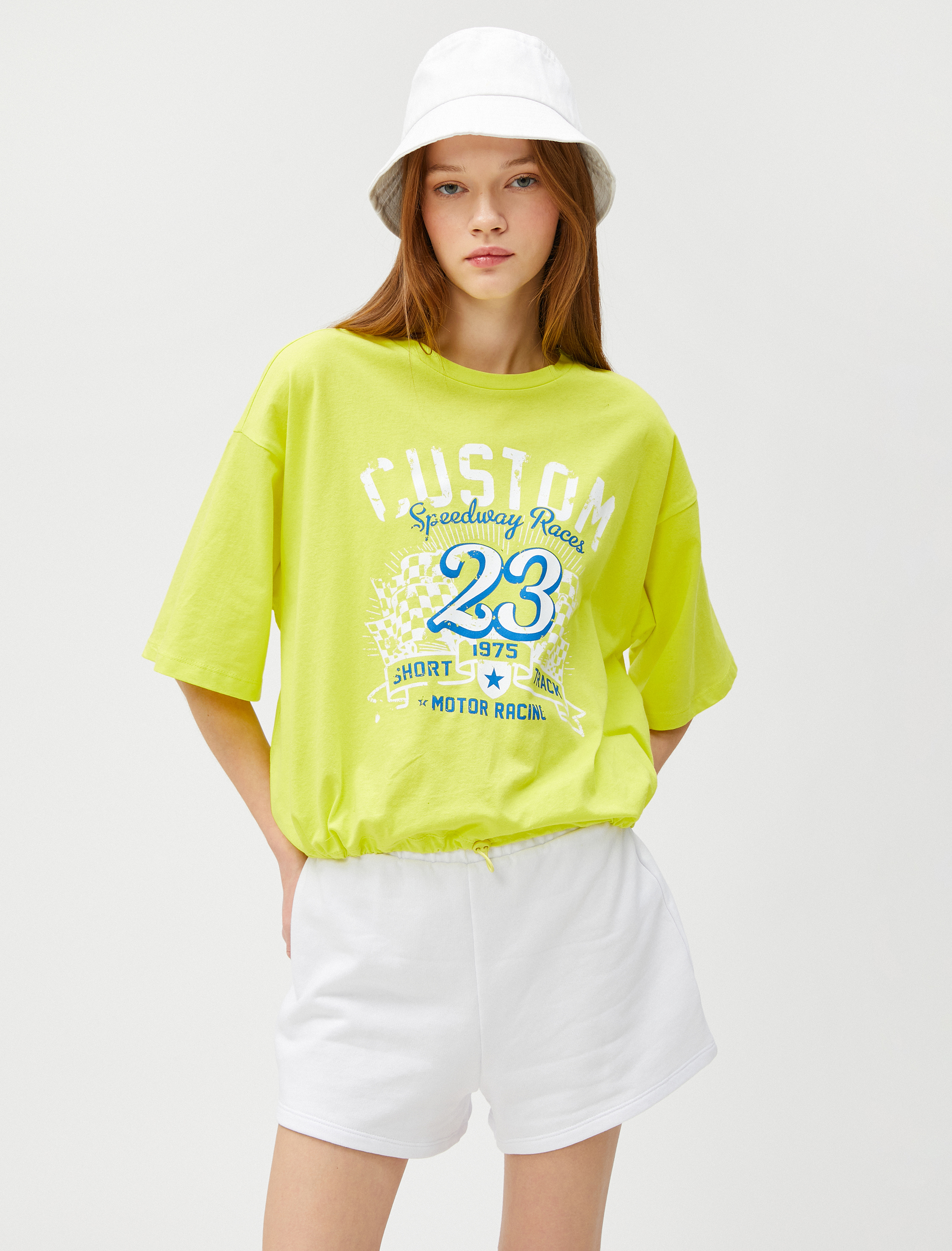   Baskılı Tişört Bisiklet Yaka Kısa Kollu Beli Lastikli