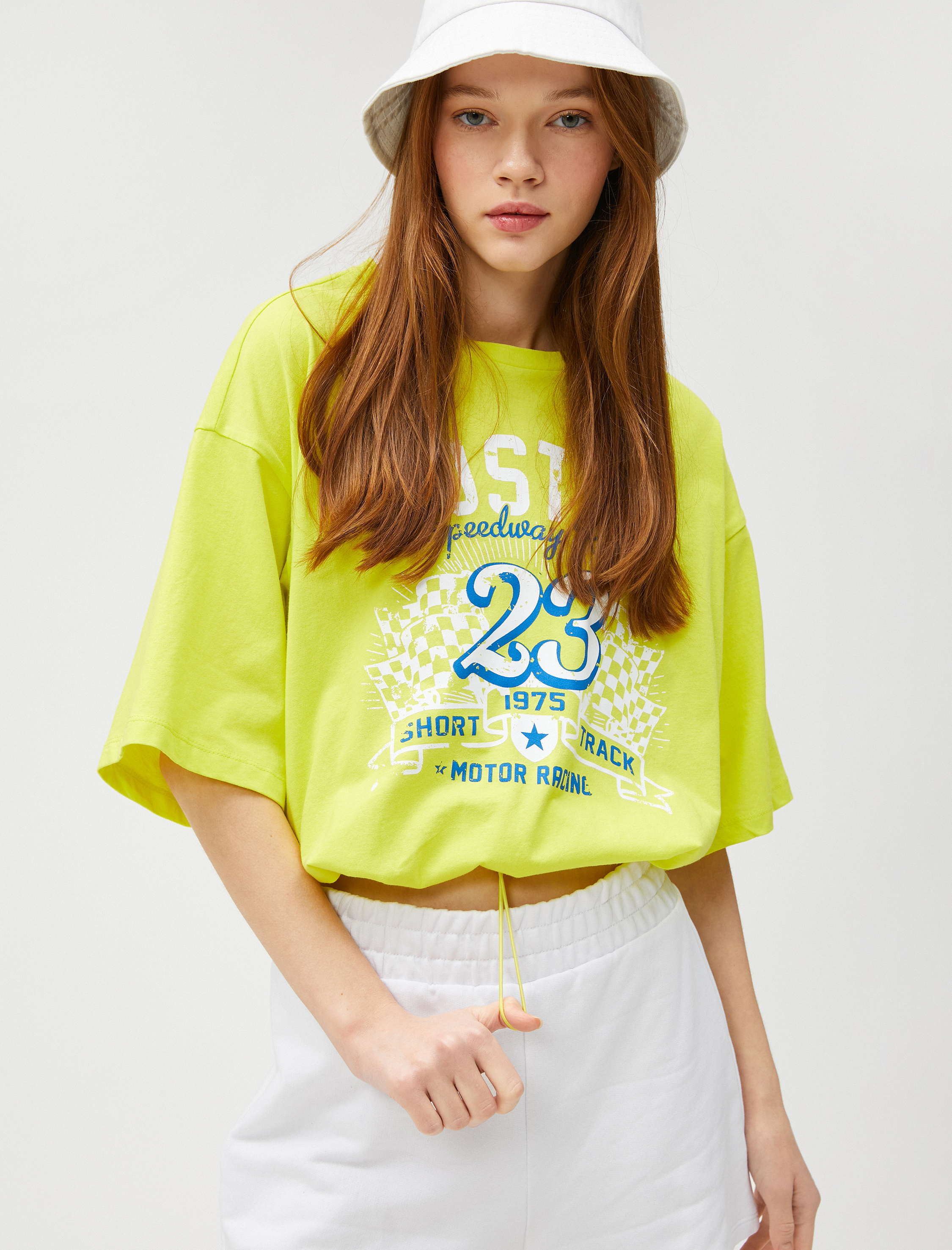   Baskılı Tişört Bisiklet Yaka Kısa Kollu Beli Lastikli