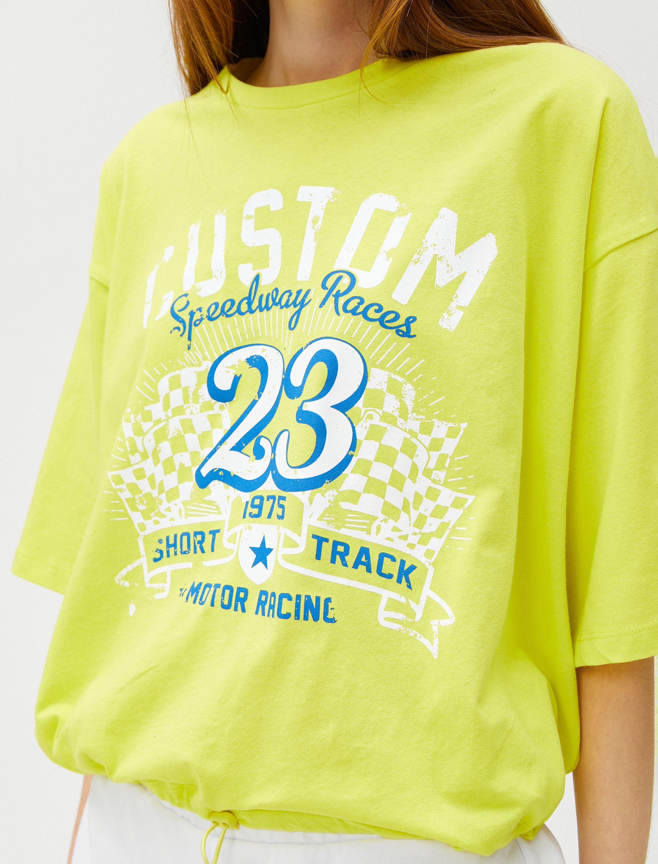   Baskılı Tişört Bisiklet Yaka Kısa Kollu Beli Lastikli