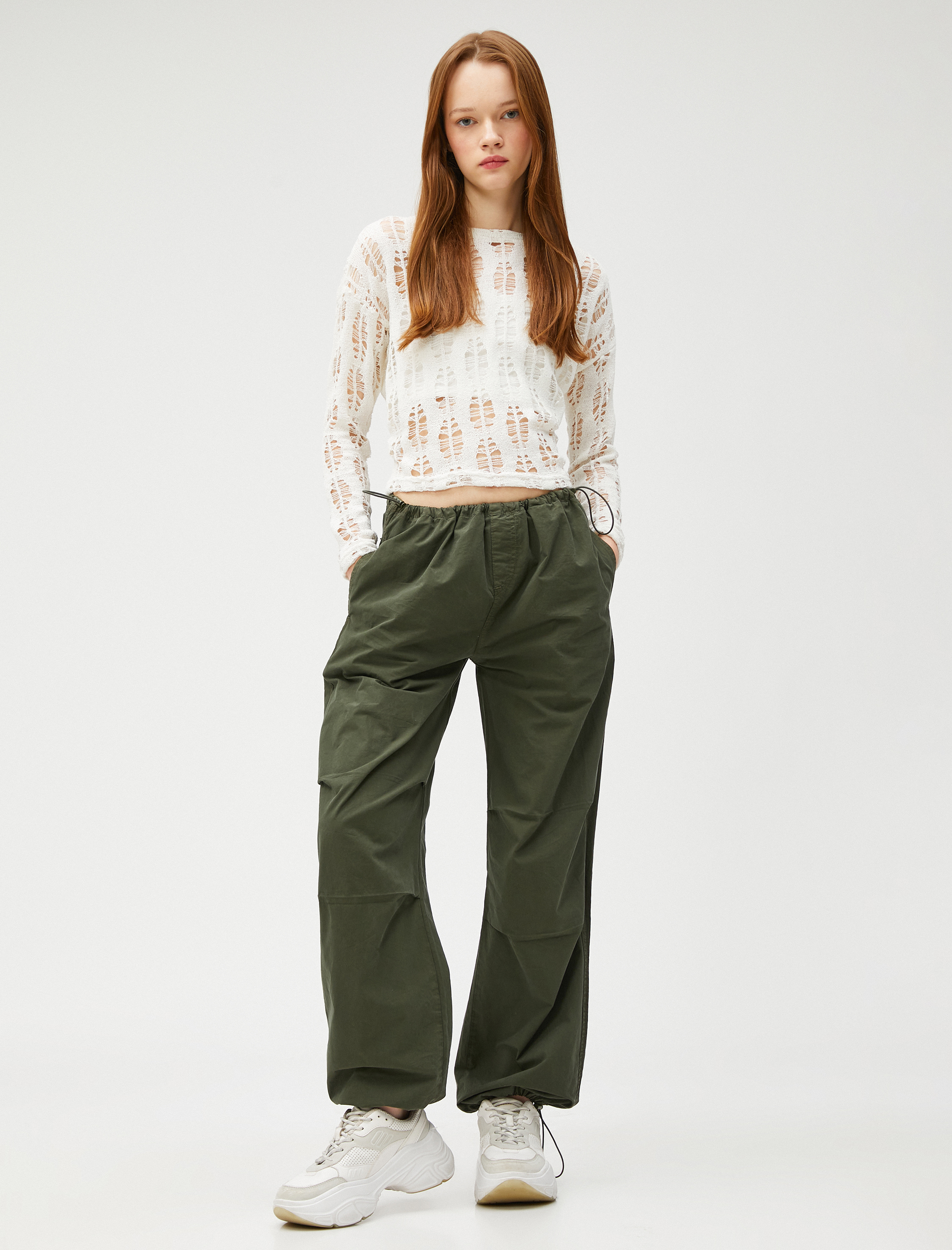   Uzun Kollu Tişört File Crop Bisiklet Yaka Ajurlu