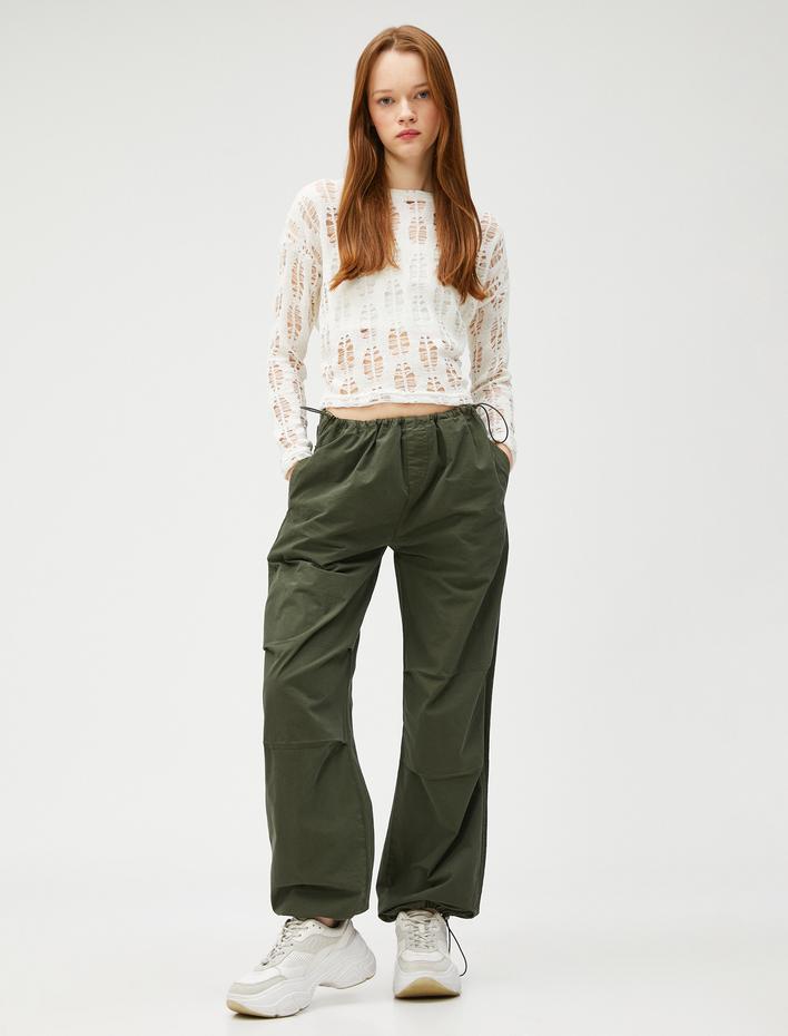  Uzun Kollu Tişört File Crop Bisiklet Yaka Ajurlu