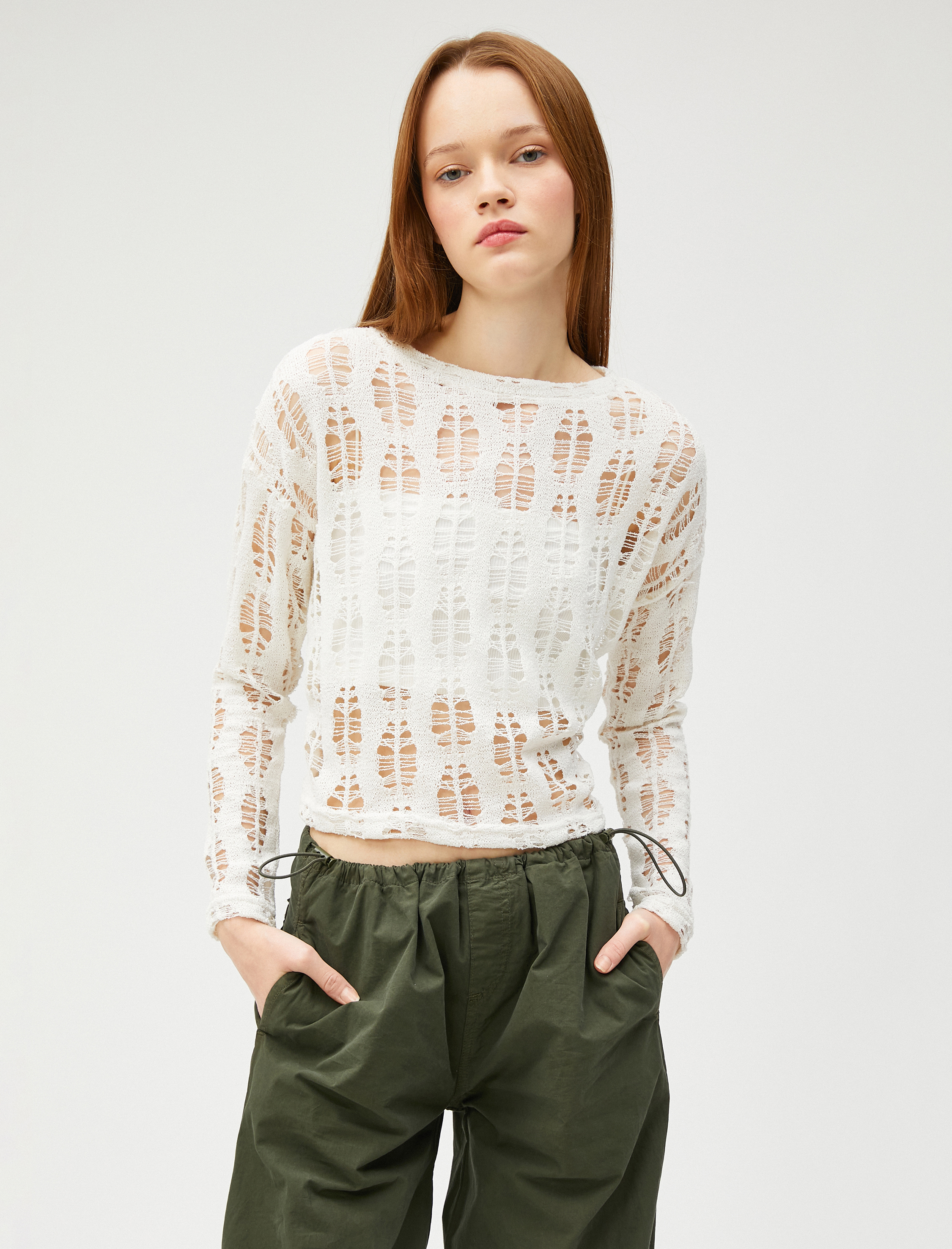   Uzun Kollu Tişört File Crop Bisiklet Yaka Ajurlu