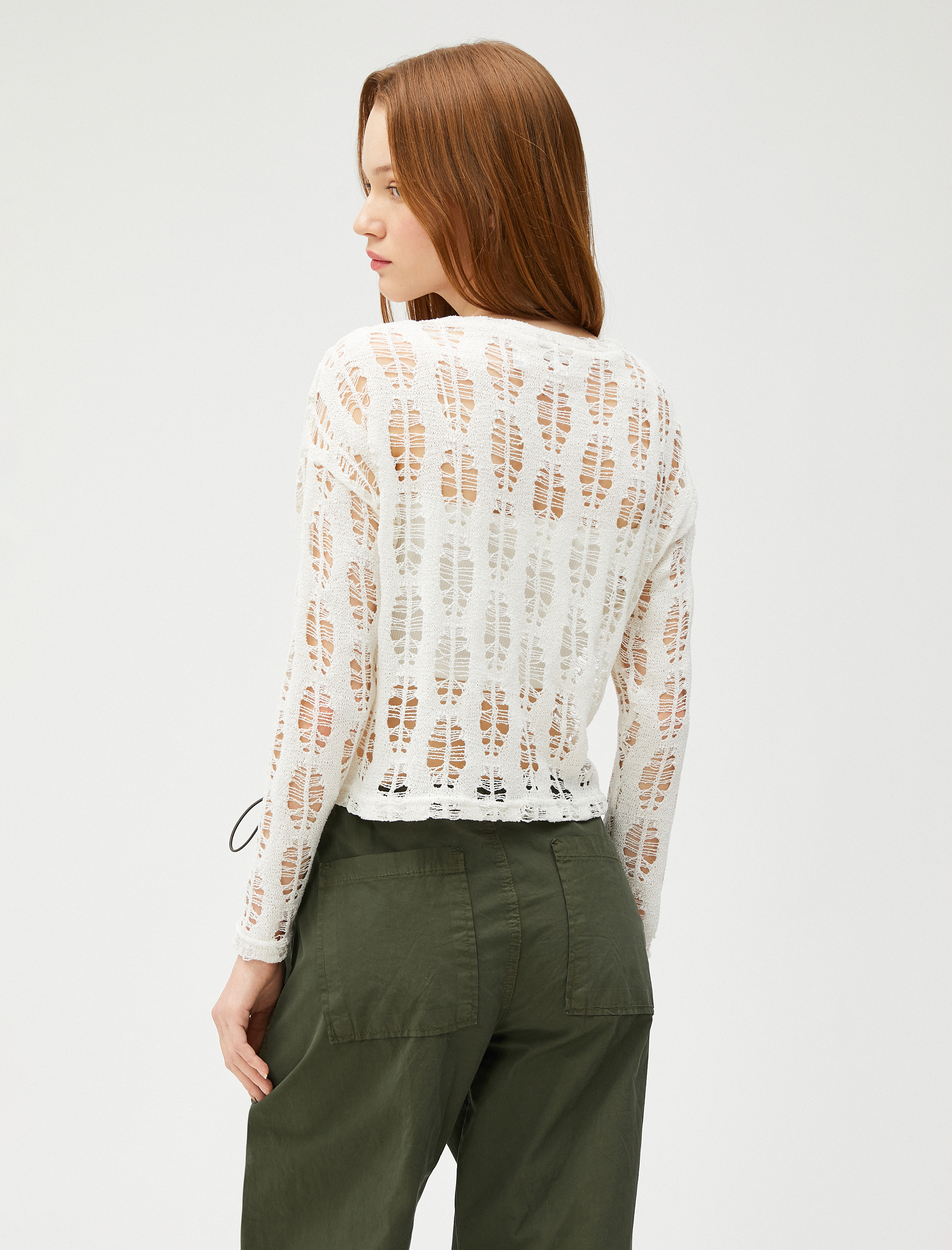   Uzun Kollu Tişört File Crop Bisiklet Yaka Ajurlu