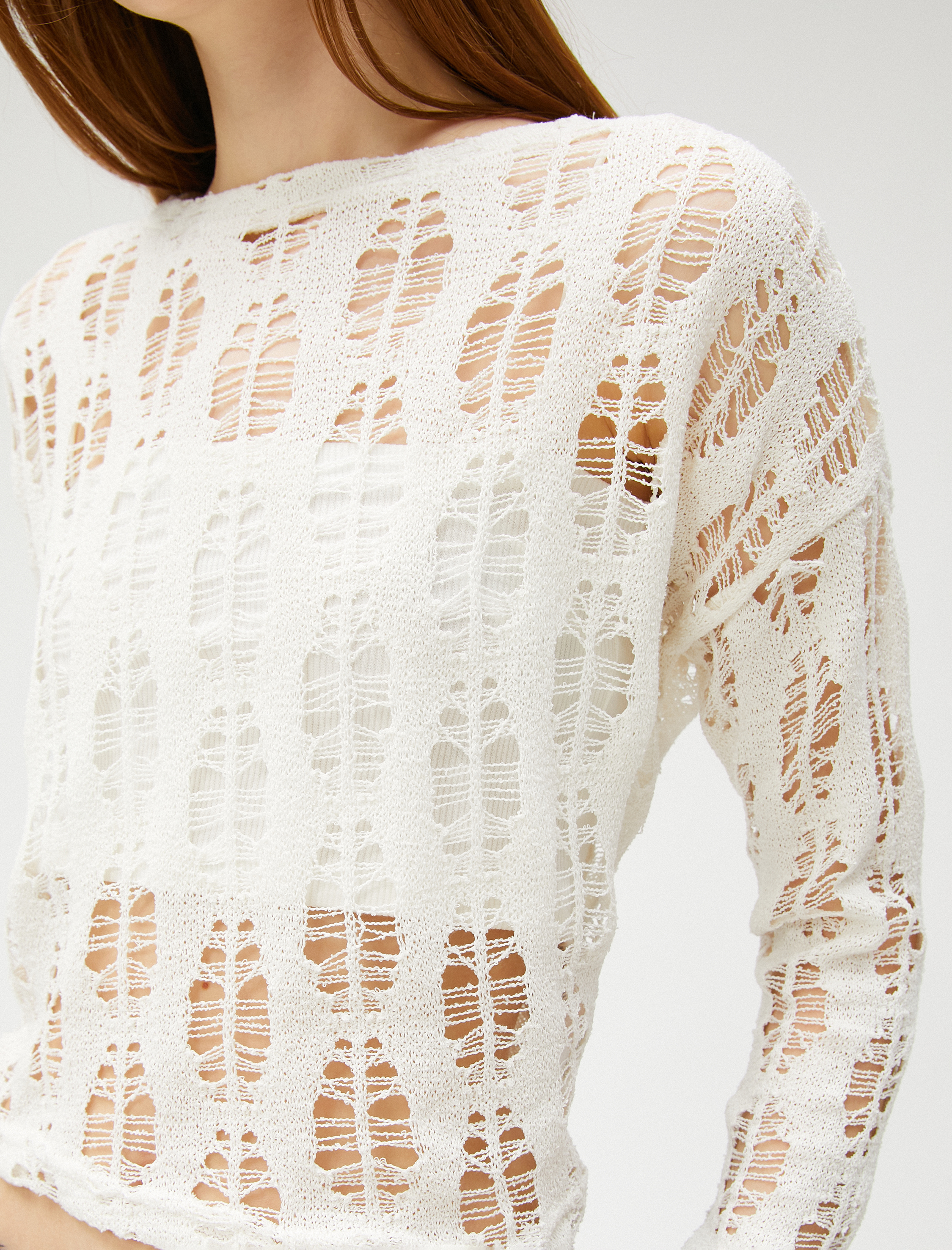   Uzun Kollu Tişört File Crop Bisiklet Yaka Ajurlu