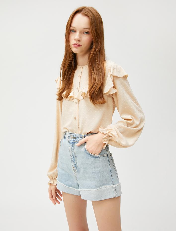  Balon Kollu Bluz Viskon Bisiklet Yaka Fırfırlı Düğmeli