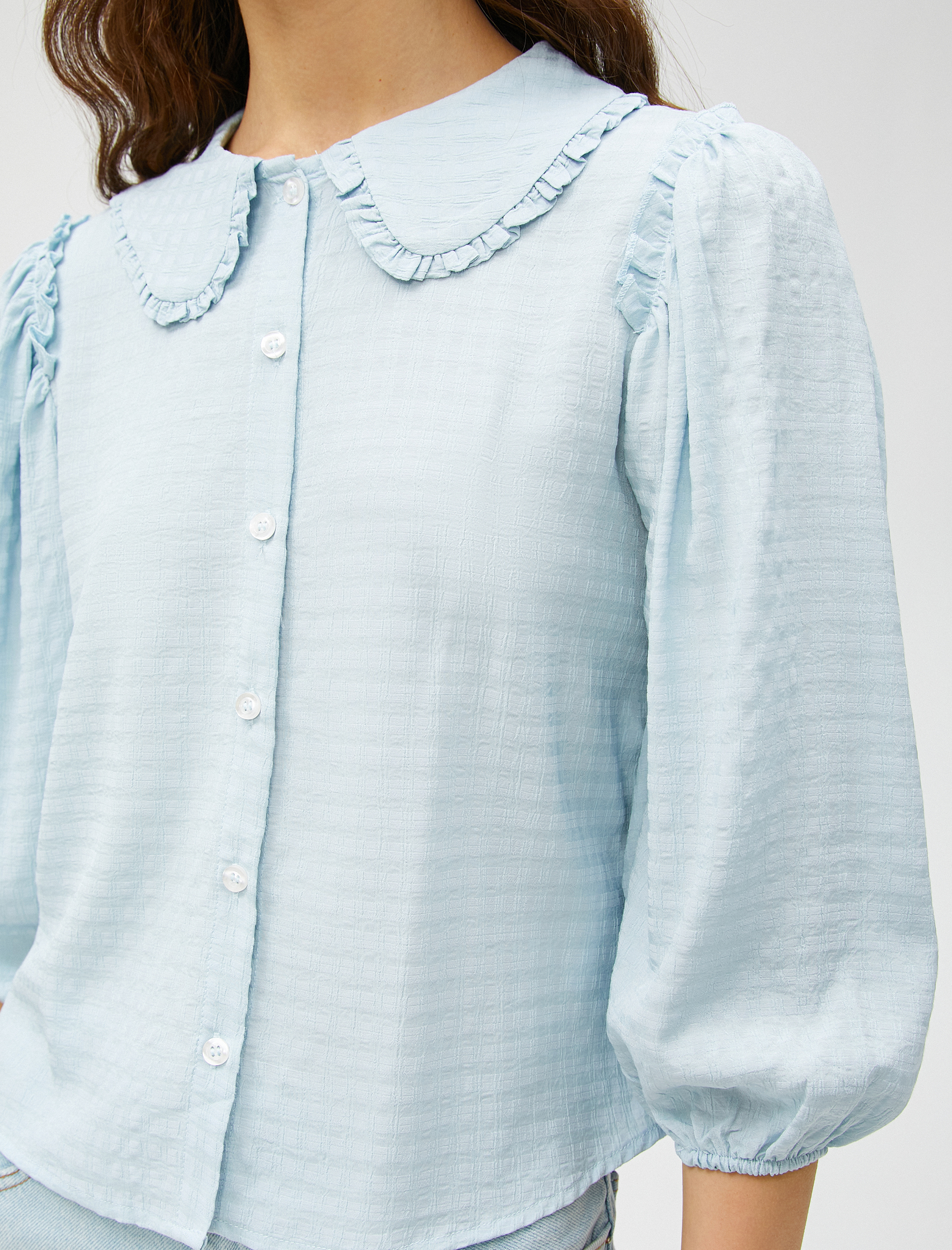   Bebe Yaka Gömlek Uzun Kollu Dokulu Fırfırlı