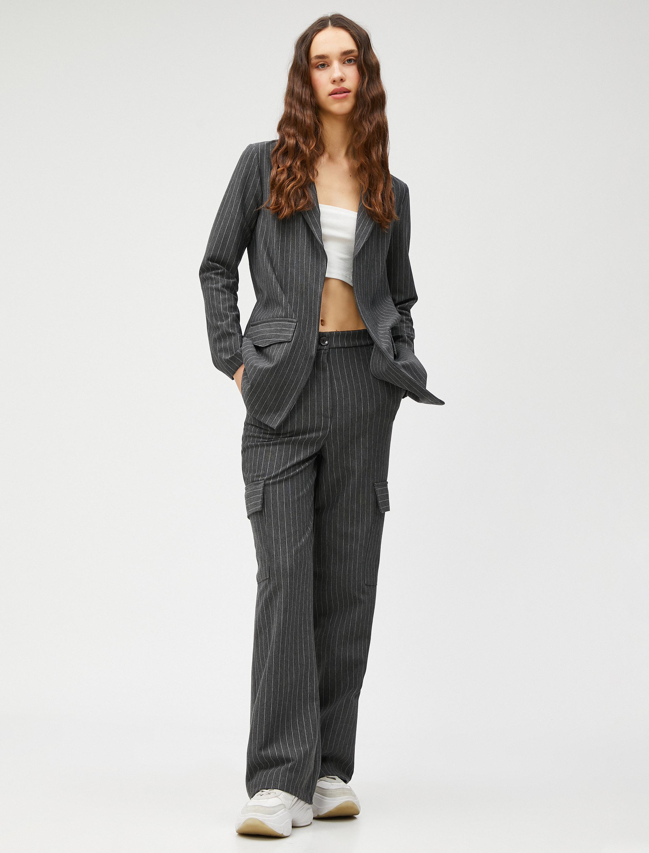   Blazer Ceket Uzun Cep Detaylı Çizgili