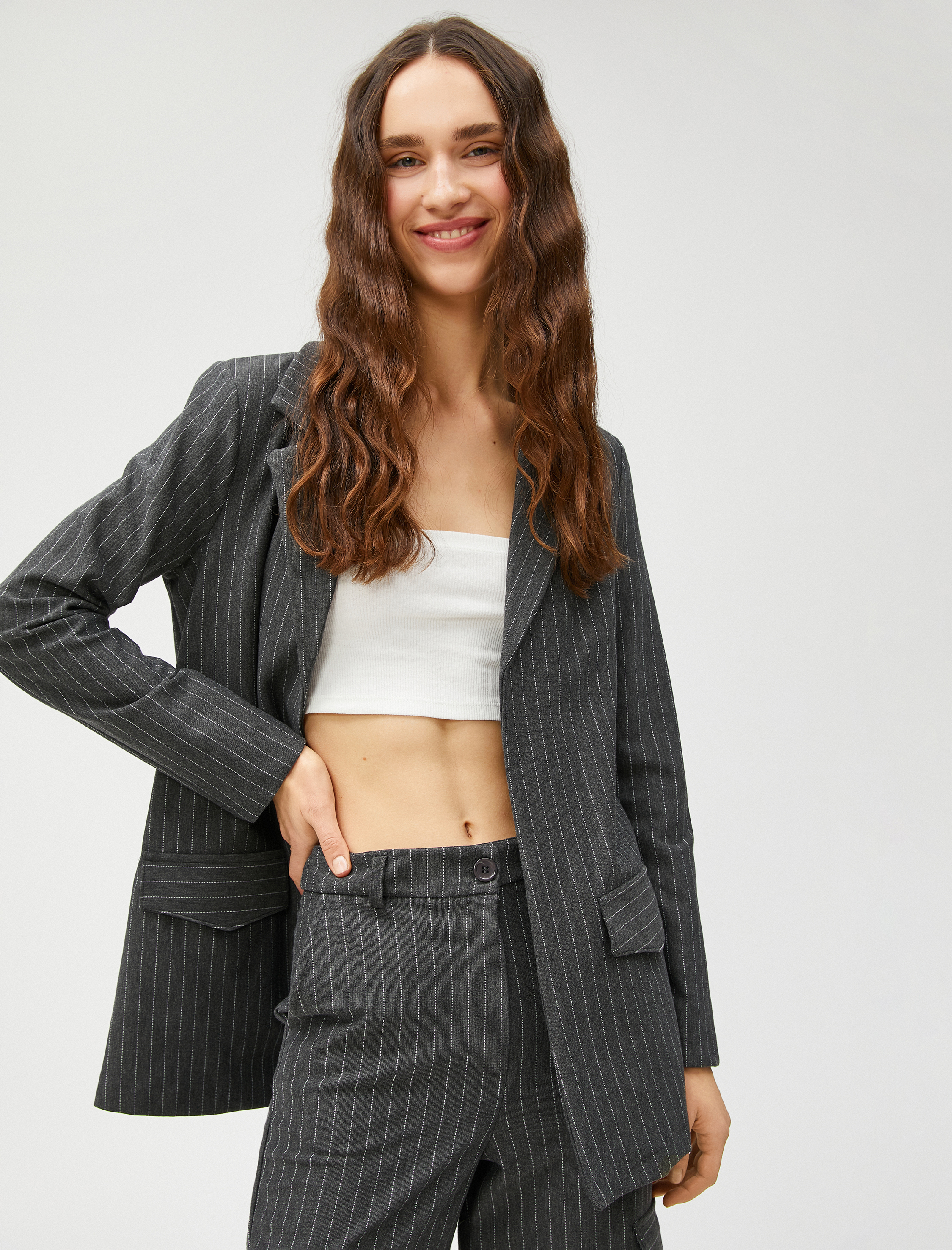   Blazer Ceket Uzun Cep Detaylı Çizgili