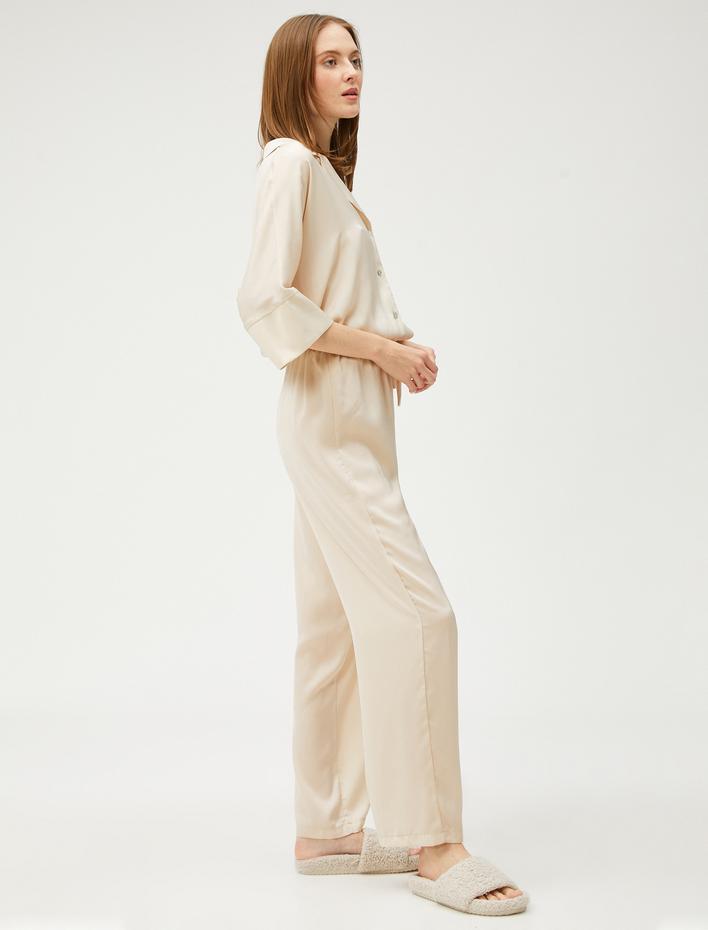  Saten Pijama Altı Beli Lastikli Düz Paça