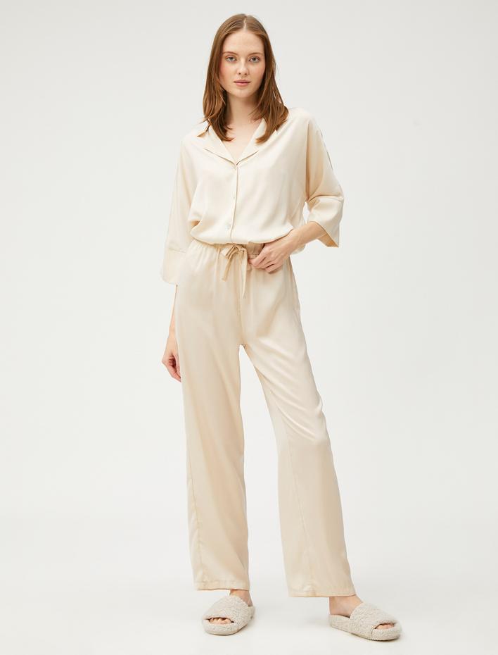  Saten Pijama Altı Beli Lastikli Düz Paça