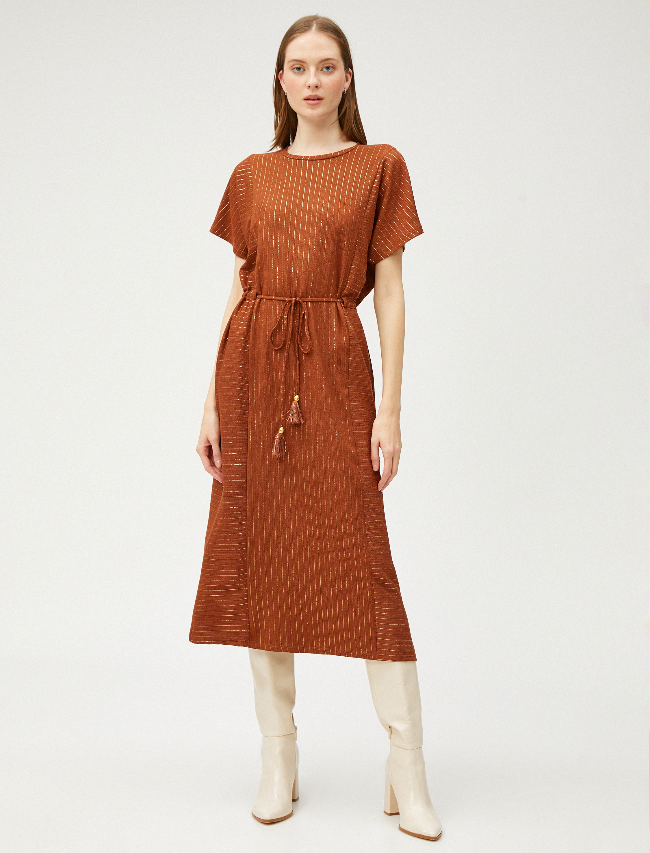   Midi Boy Elbise Beli Bağlamalı Kısa Kollu