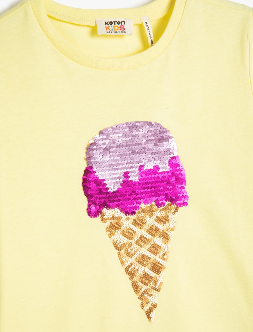  Kız Çocuk Tişört Dondurma Pul Payet İşlemeli Kısa Kollu Pamuklu