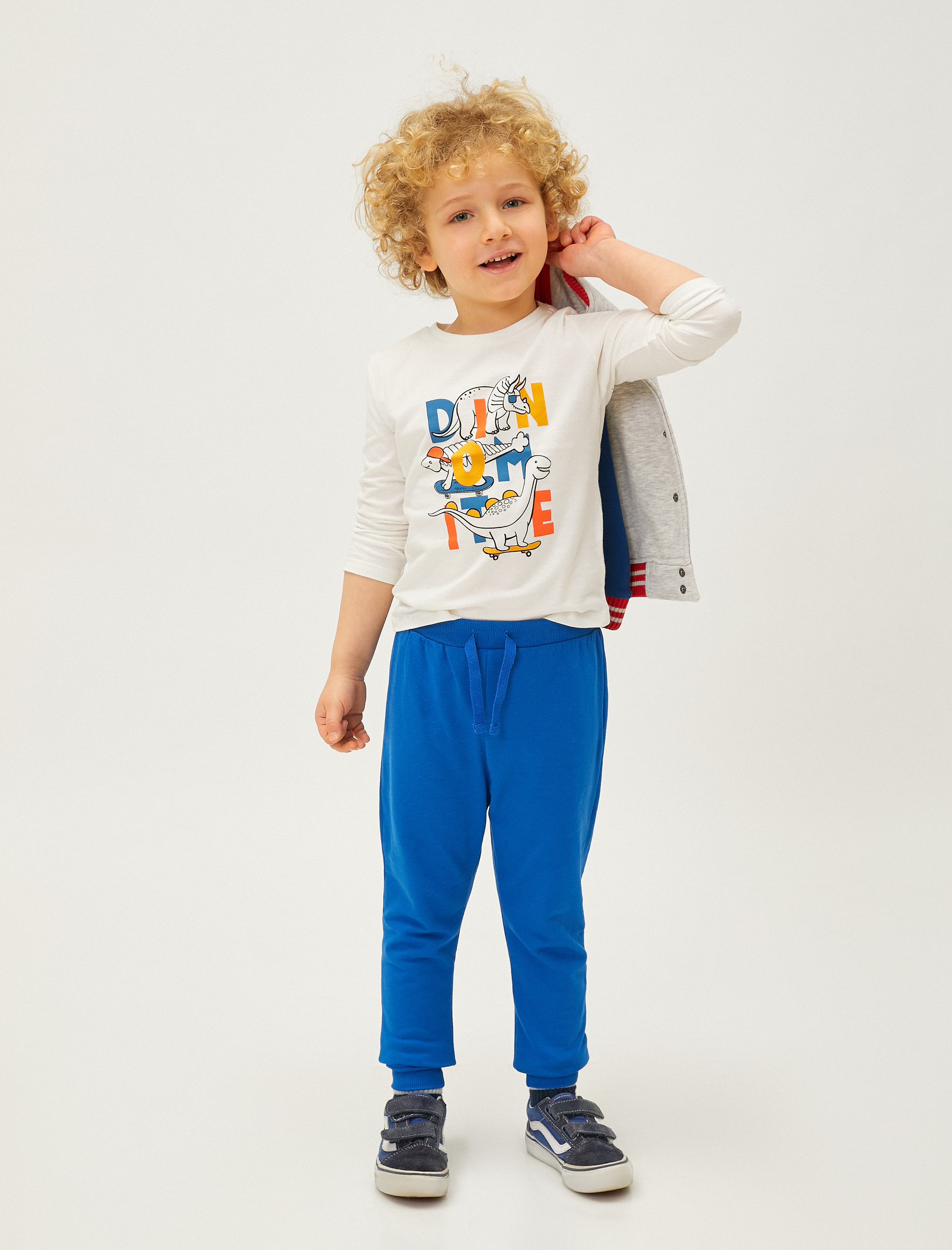  Erkek Bebek Dinozor Baskılı Uzun Kollu Tişört Bisiklet Yaka Pamuklu