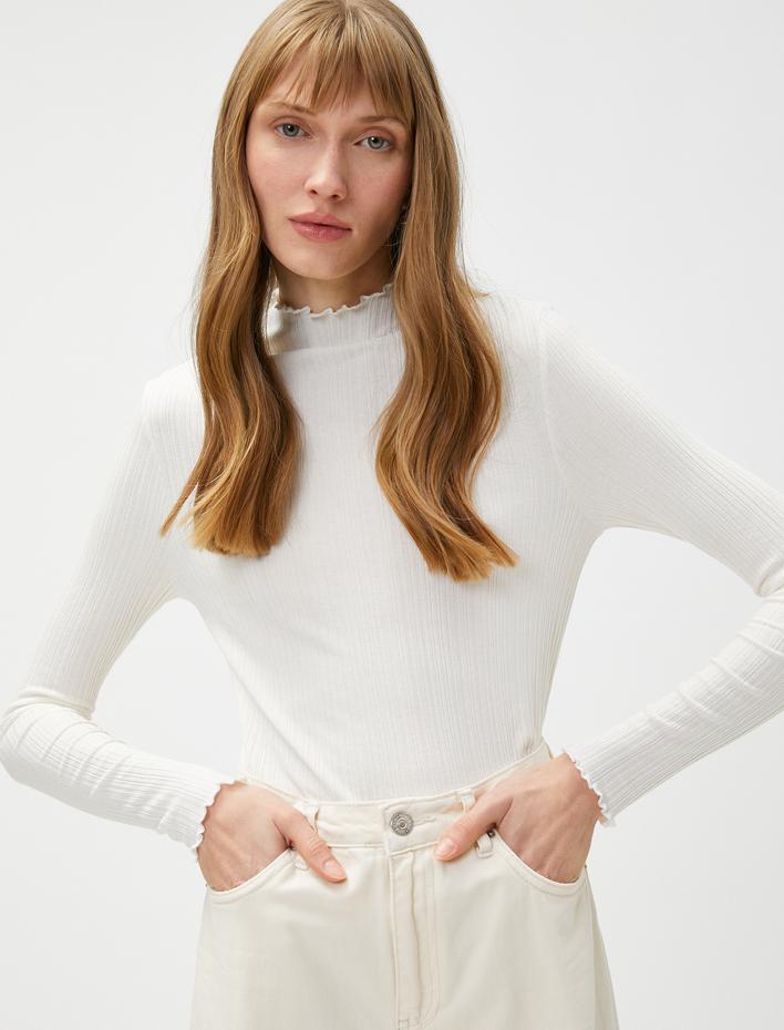  Uzun Kollu Tişört Dik Yaka Fırfırlı