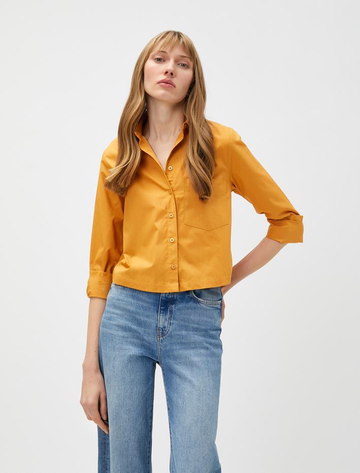  Crop Gömlek Pamuklu Cepli Uzun Kollu