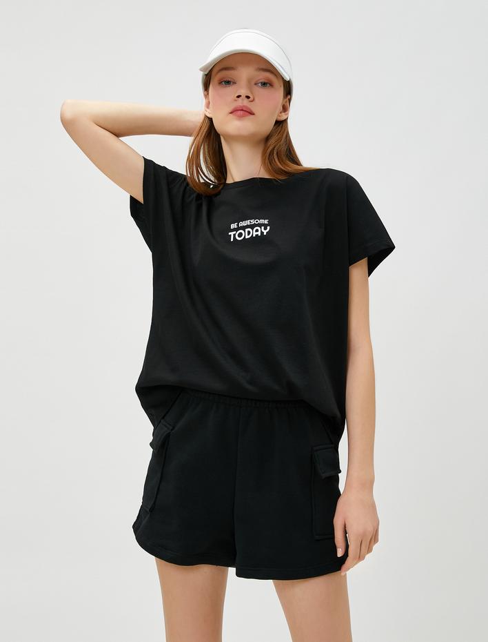  Pamuklu Spor Tişört Slogan Baskılı