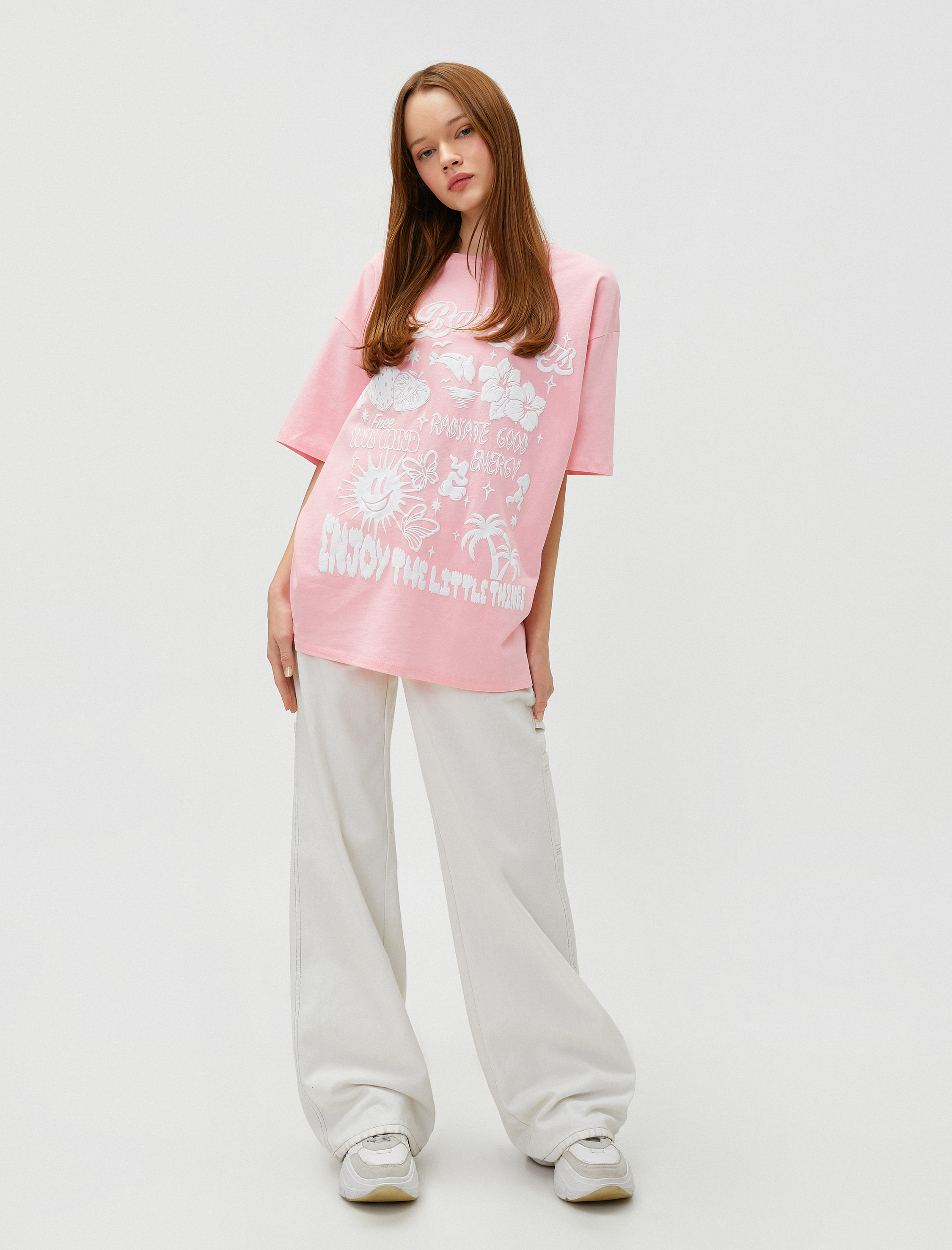   Oversize Tişört Baskılı Bisiklet Yaka Kısa Kollu