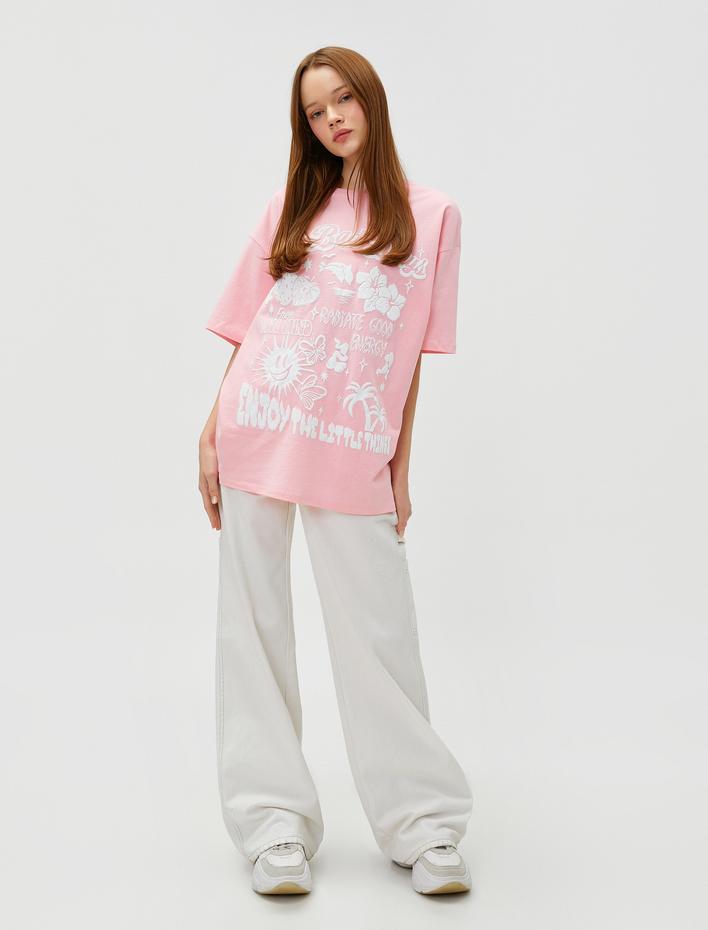  Oversize Tişört Baskılı Bisiklet Yaka Kısa Kollu